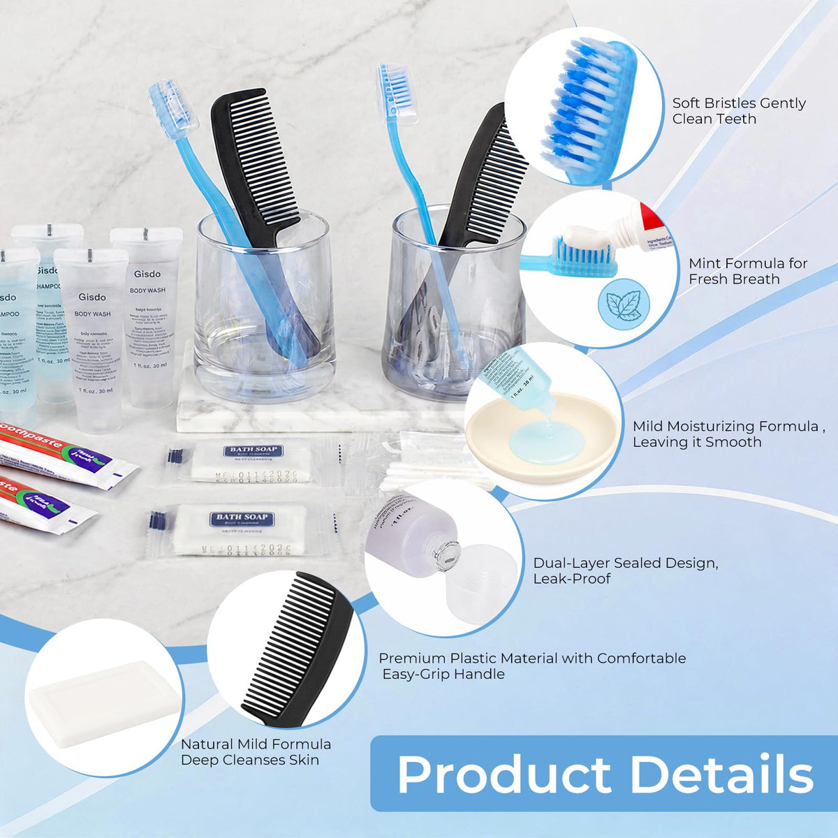 Gisdo 20 Sets Disposable Travel Toiletry Kit, Bulk Personal Hygiene Kit – packaging and label