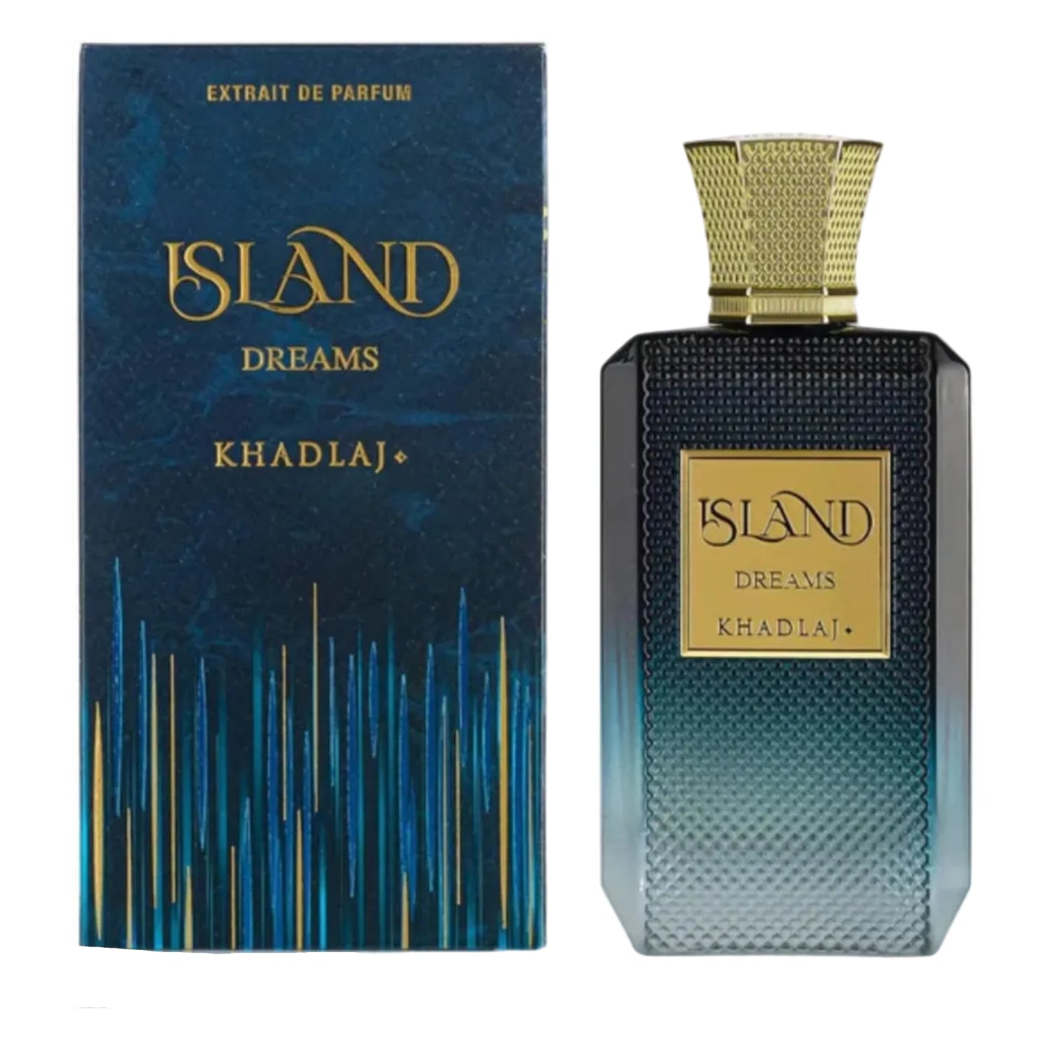Khadlaj Island Dreams Extrait de Parfum 3.4oz bottle, elegant personal fragrance with tropical and floral notes.