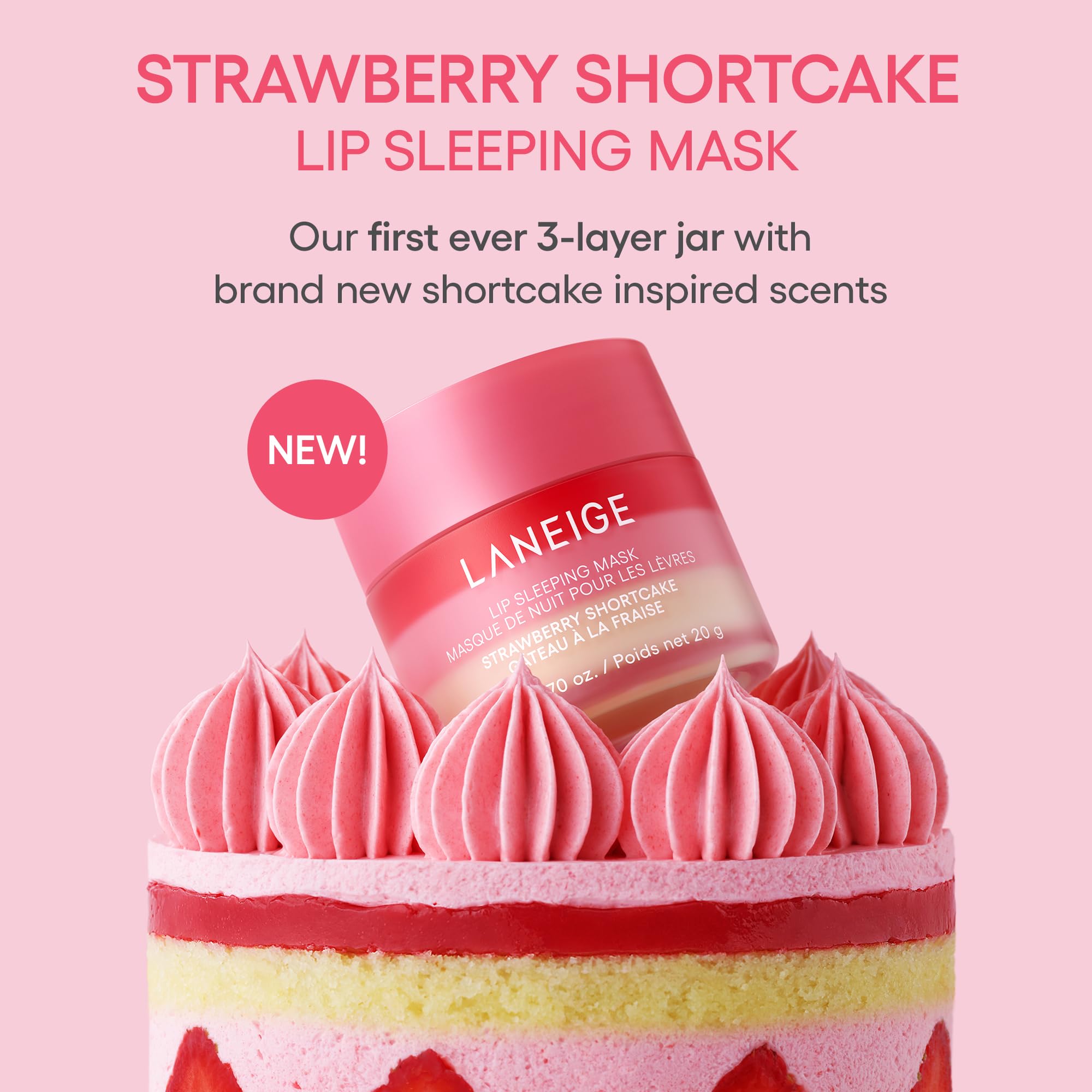Laneige Lip Sleeping Mask in strawberry shortcake flavor, hydrating overnight lip balm with shea butter and antioxidants for dry lips