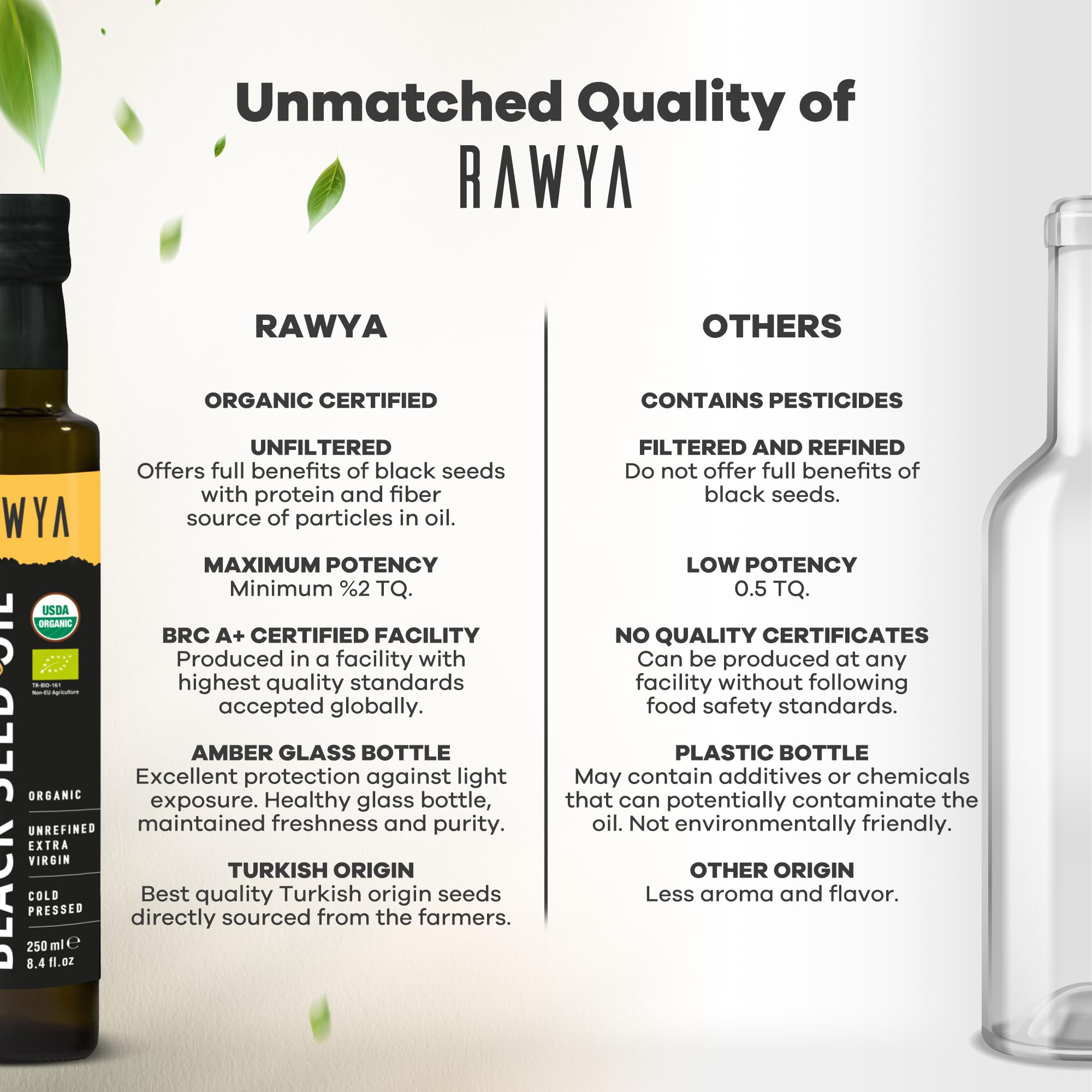 Bottle of RAWYA black seed oil, cold-pressed and unfiltered USDA organic edible vegetable oil on a wooden surface