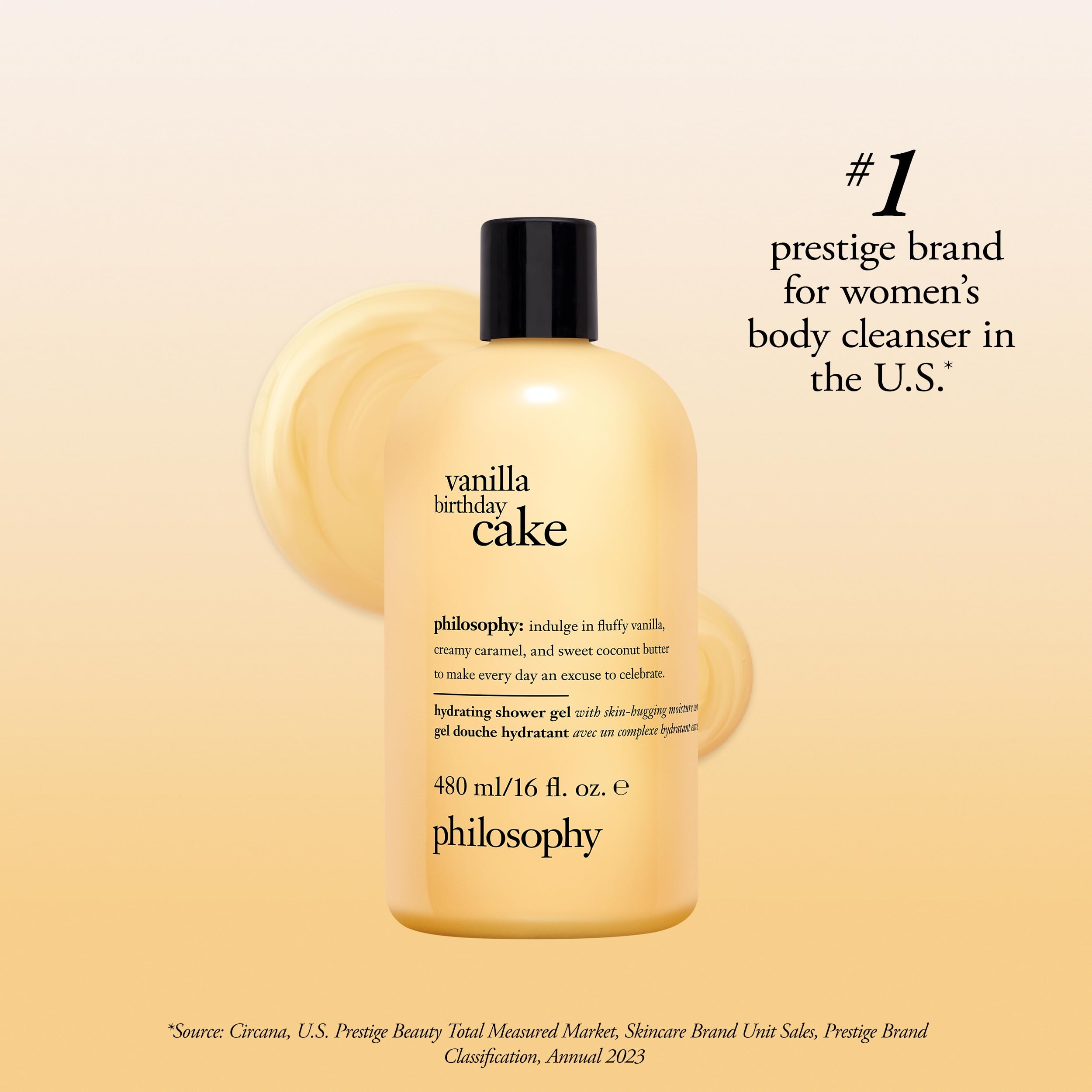 Philosophy Vanilla Birthday Cake Shower Gel 16 oz bottle with clear label and white cap, designed for skin cleansing.