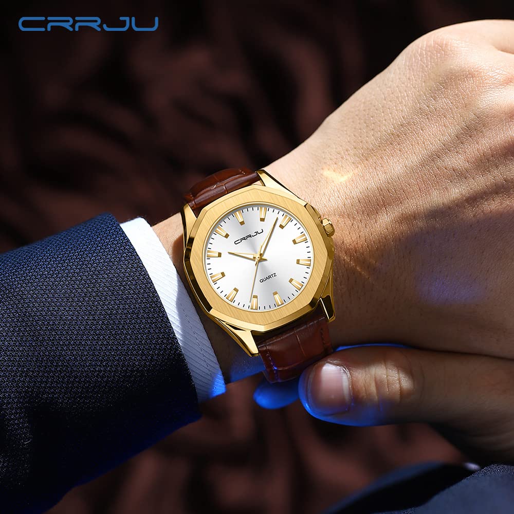 CRRJU Men's Fashion Luxury Classical Leather Watches for Men Business Simple Luminous Analog Quartz Wristwatches – close