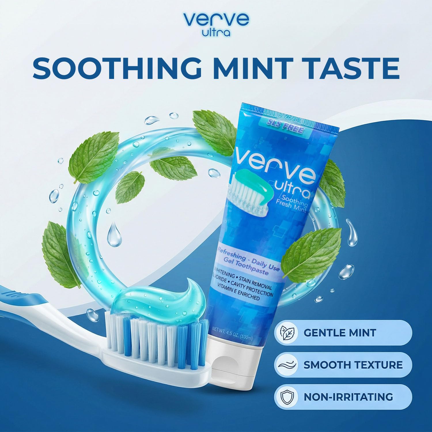 Verve Ultra SLS-Free Toothpaste with Fluoride Fresh Mint, SLS Free Toothpaste for Daily Use, Vitamin-E Enriched, Cruelty Free Cavity Protection, Made in USA, 4.5 oz