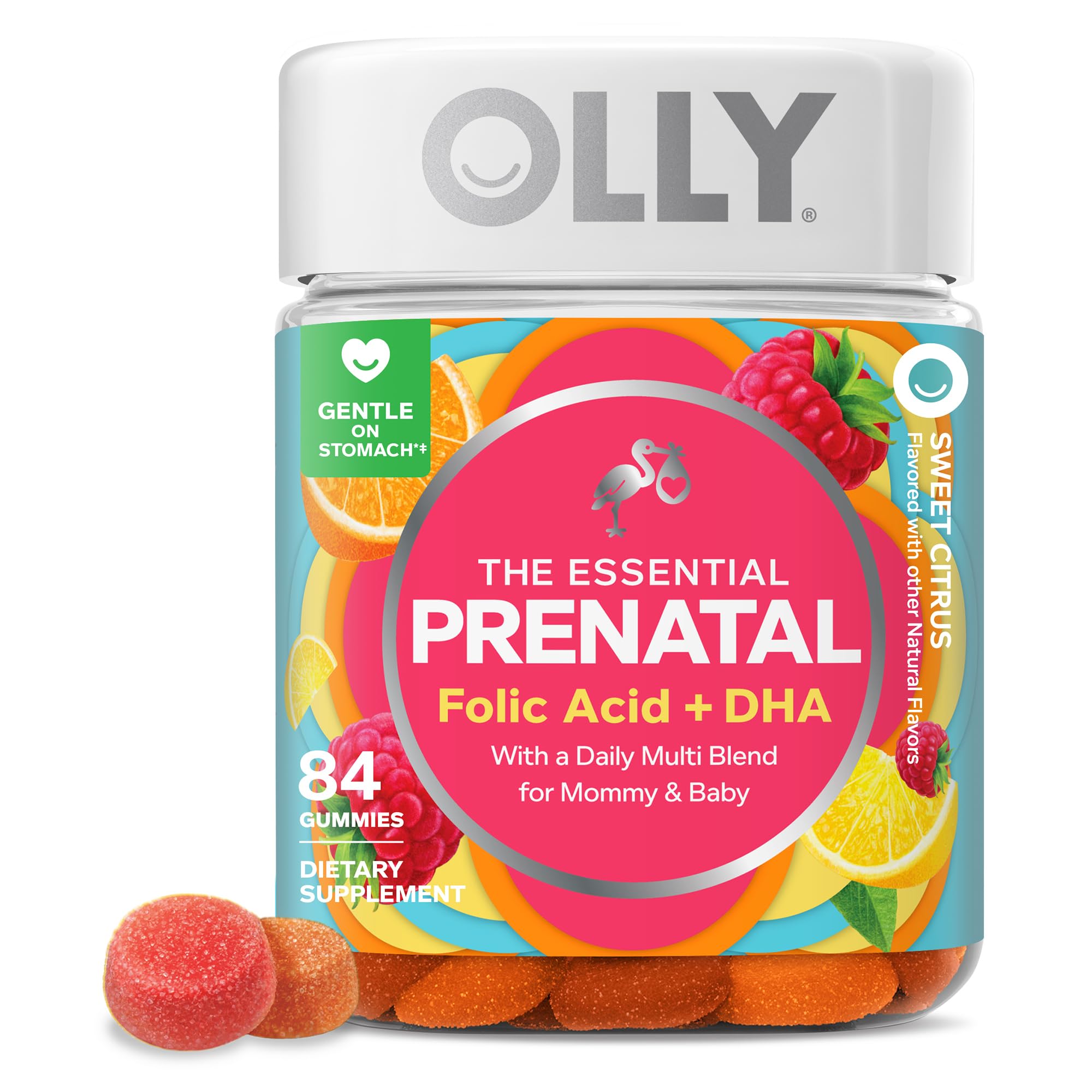 OLLY Prenatal Multivitamin Gummy bottle with 84 gummies, daily supplement for expecting mothers and baby health.