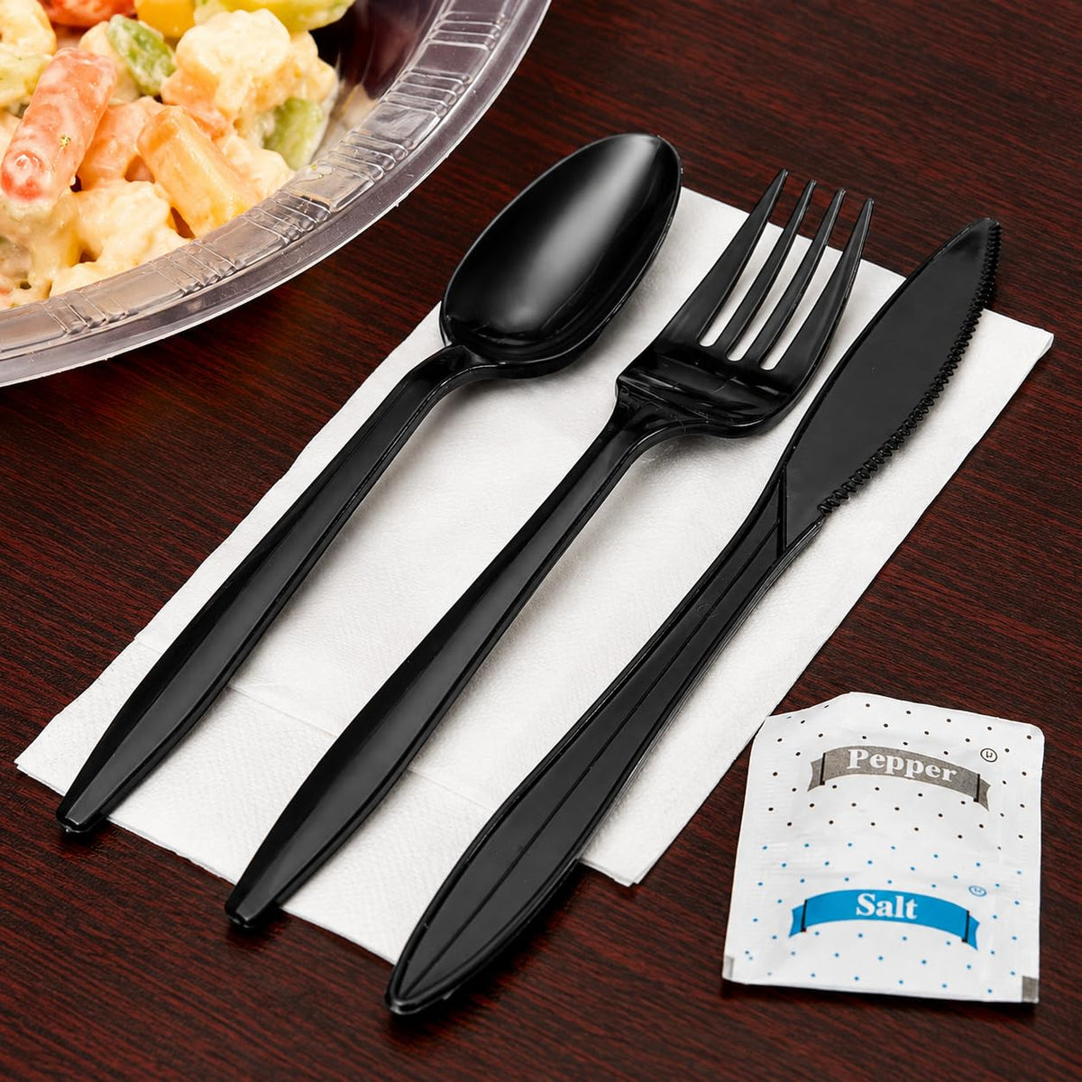 KitchenDine 100 Pack Medium Weight Wrapped Black Plastic Cutlery Pack with Napkin and Salt/Pepper Packets (Black) – clos