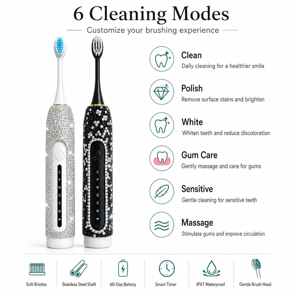 Electric Toothbrush for Woman Bling Diamond Decor Portable - VFUIFRYI Official Imagery - 7
