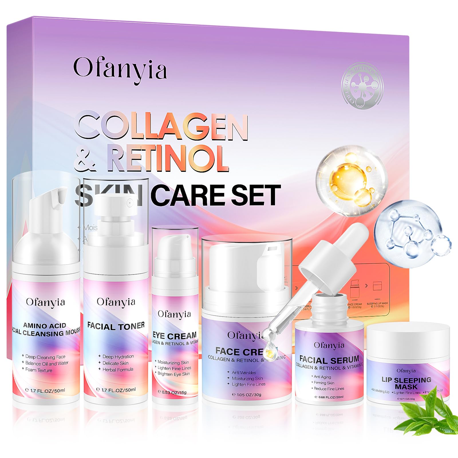 Collagen Retinol Skincare Set, 6 Pcs Anti-Aging Skin Care Set - Product Imagery