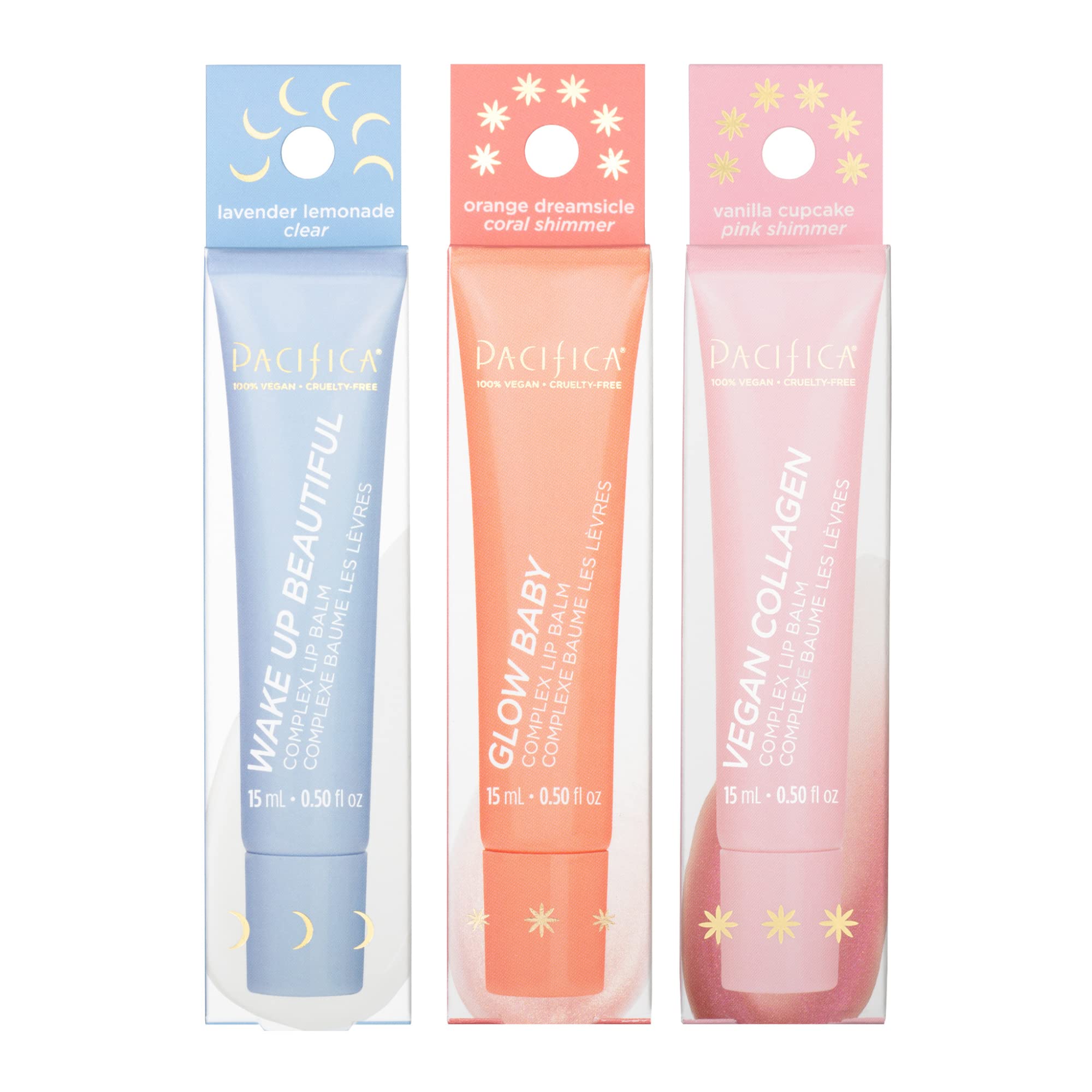 Pacifica vegan hydrating lip balm trio featuring three natural, moisturizing lip balm tubes in colorful packaging.