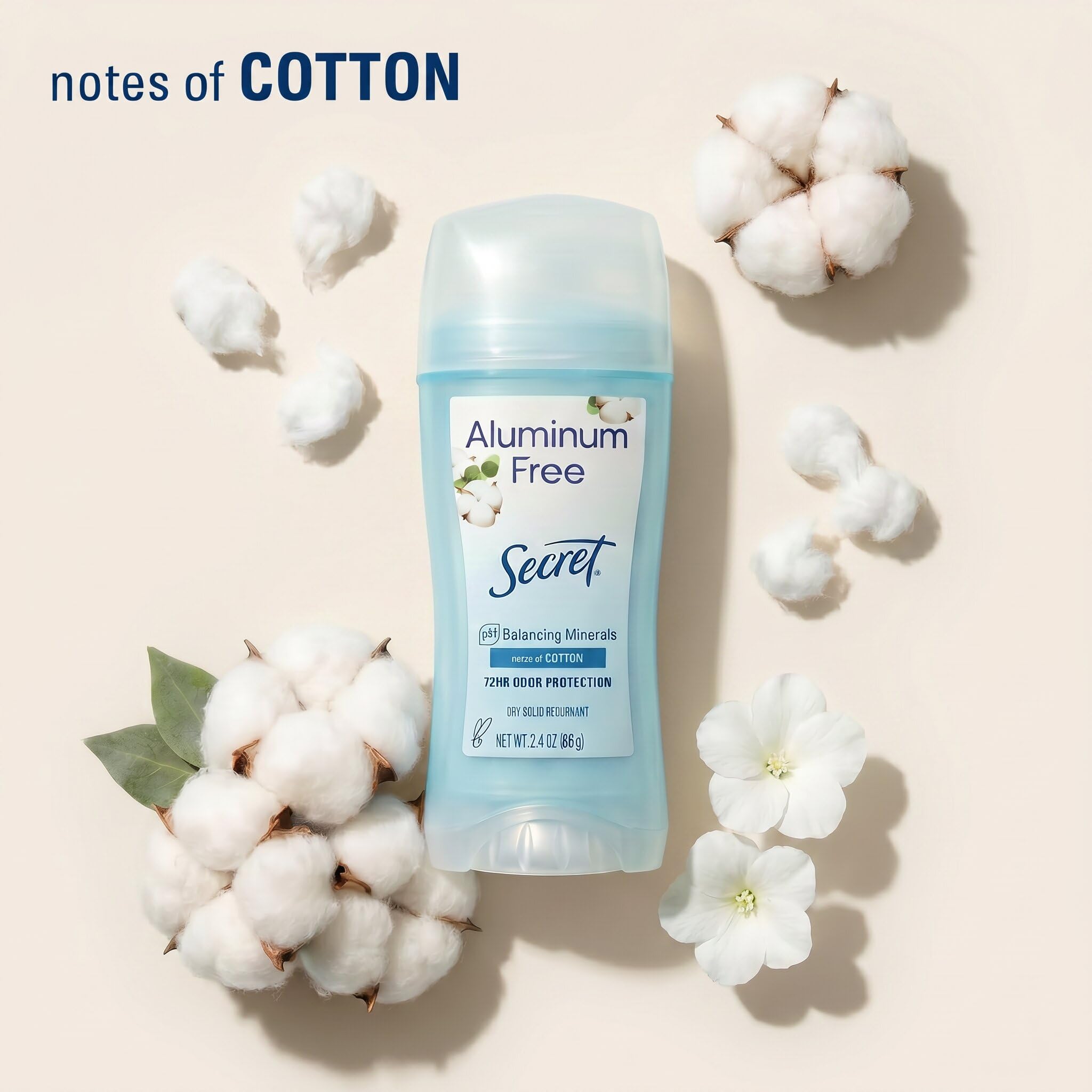 Secret aluminum-free cotton scent women’s deodorant in 2.4 oz stick, natural body deodorant for fresh, odor-free confidence
