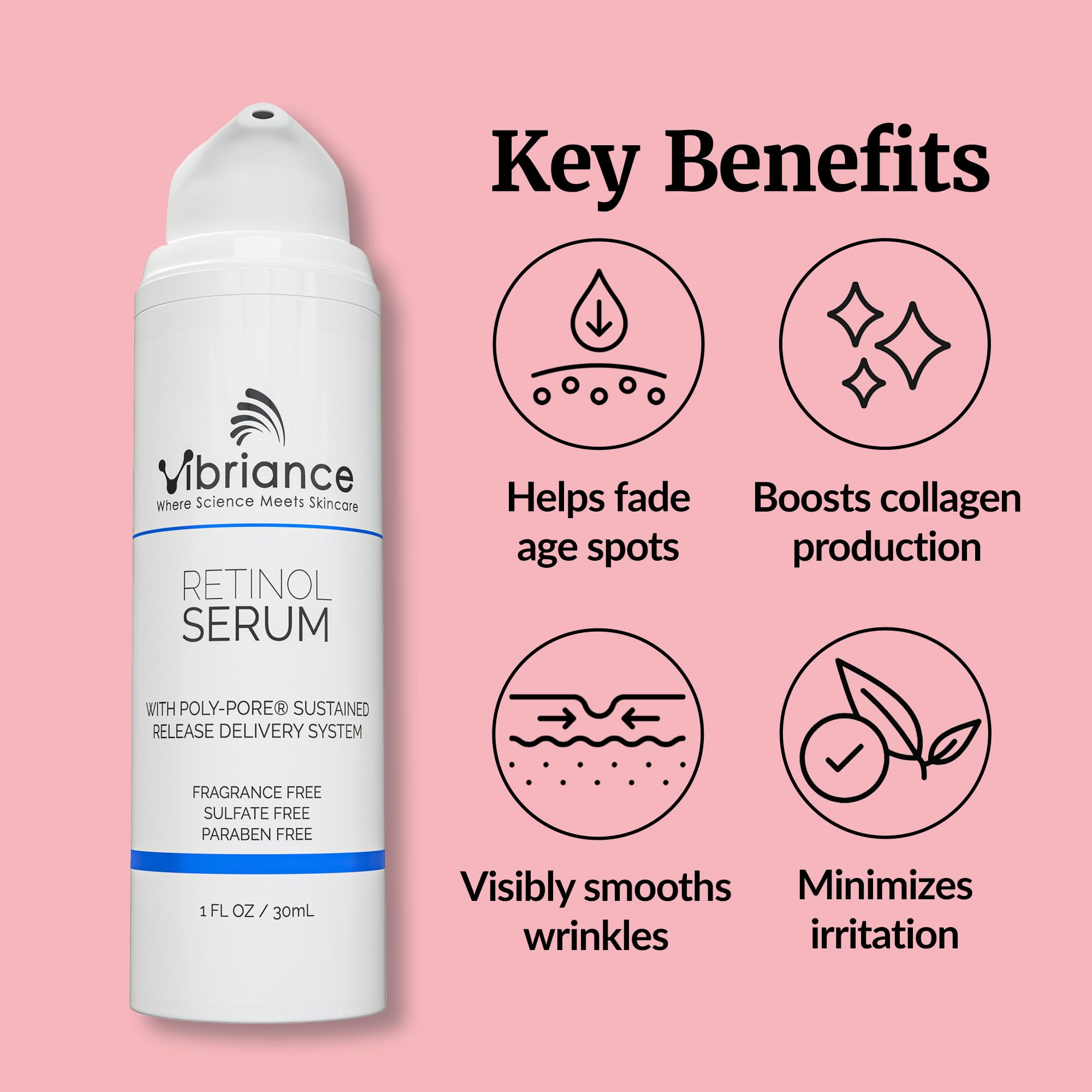 Vibriance Retinol Night Serum for Sensitive Skin in 1oz bottle, showcasing the product's sleek packaging and applicator.
