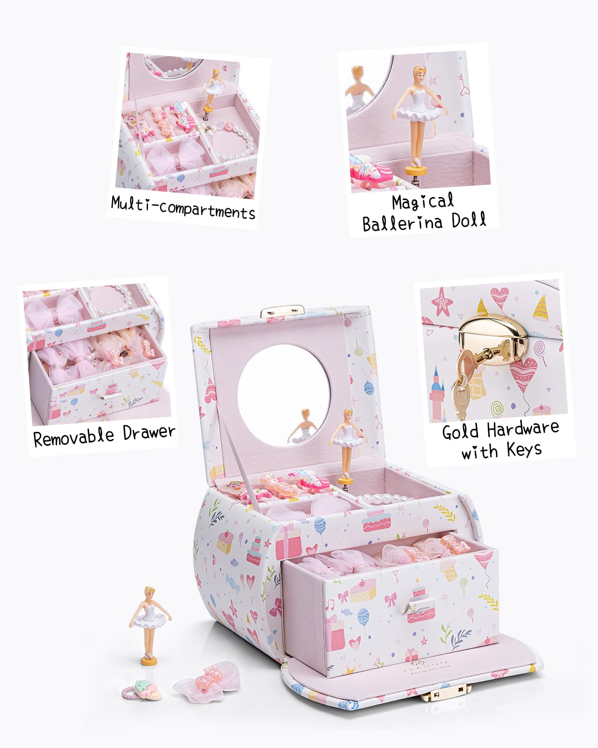 VLANDO 2 Layer Girls Musical Jewelry Box with Ballerina and Large Drawers – product photo (Jewelry Boxes)