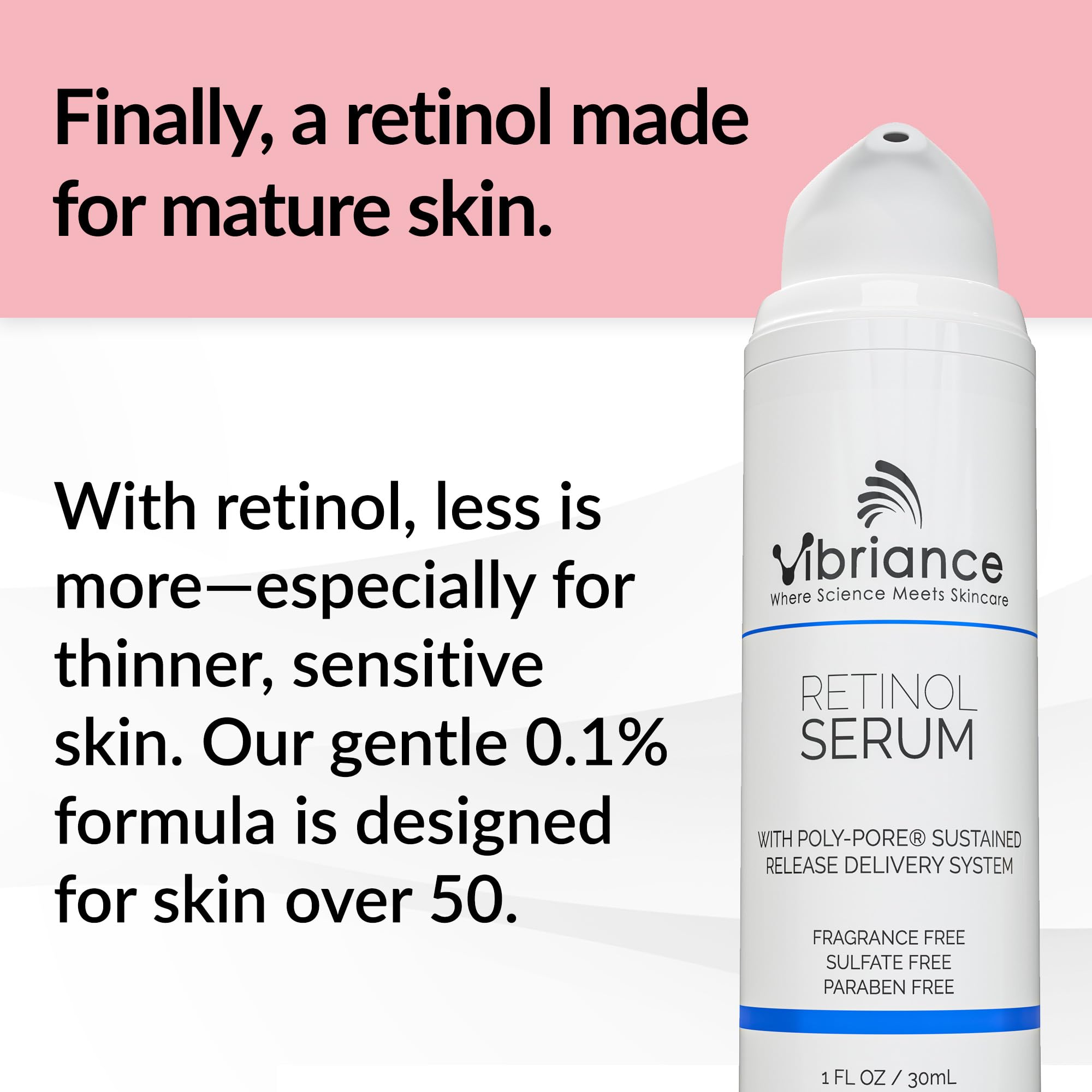 Vibriance Retinol Night Serum for sensitive skin in a 1oz bottle, featuring a clear glass container and dropper applicator.