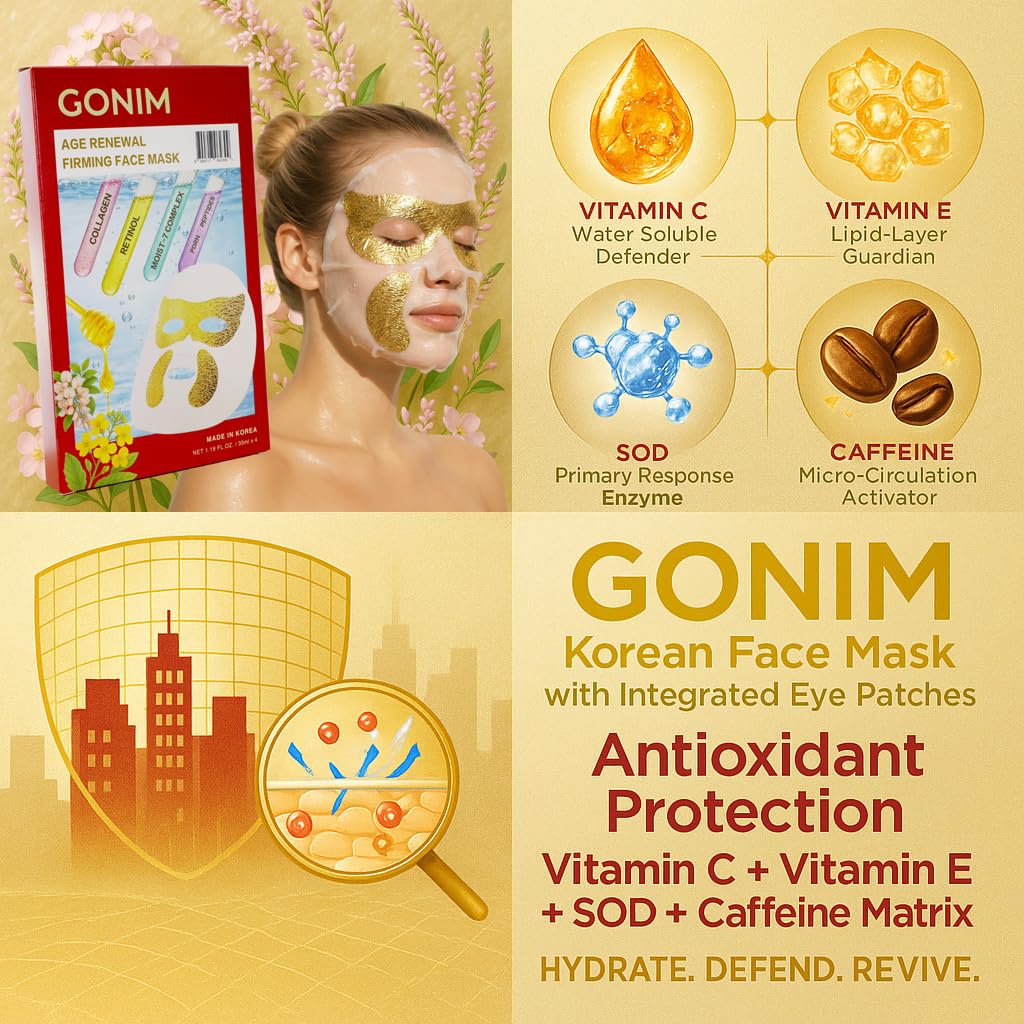 GONIM Korean Face Mask with Integrated Eye Mask Under Eye Patches - PDRN, Collagen Facial Mask, Retinol & Caffeine, Hydr