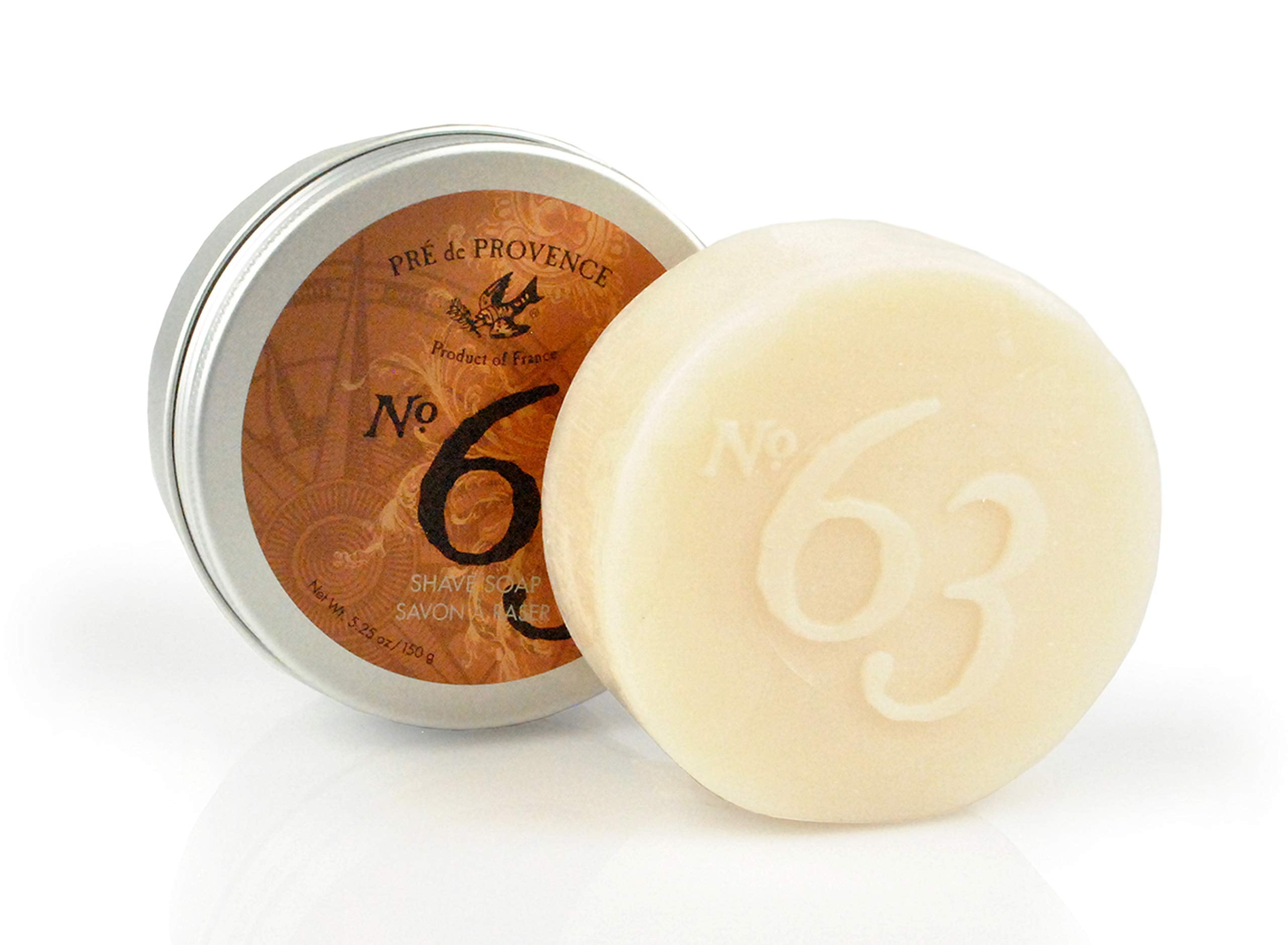 Pre de Provence No.63 men's shave soap in metal tin, moisturizing skin cleaning agent with creamy lather for a smooth shave.