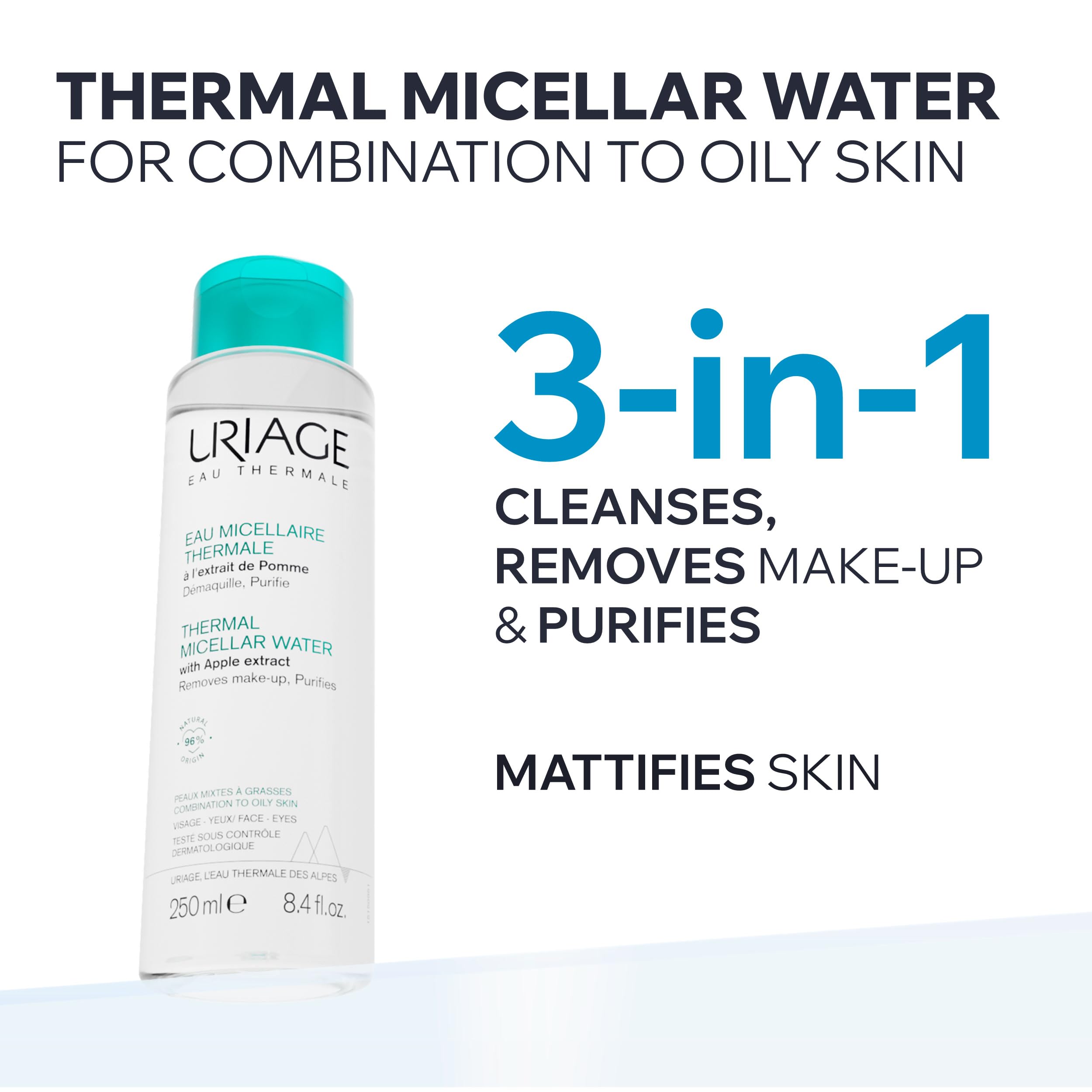 Uriage Micellar Water for combination and oily skin in a 250ml bottle, gentle skin cleaning agent with micellar formula.