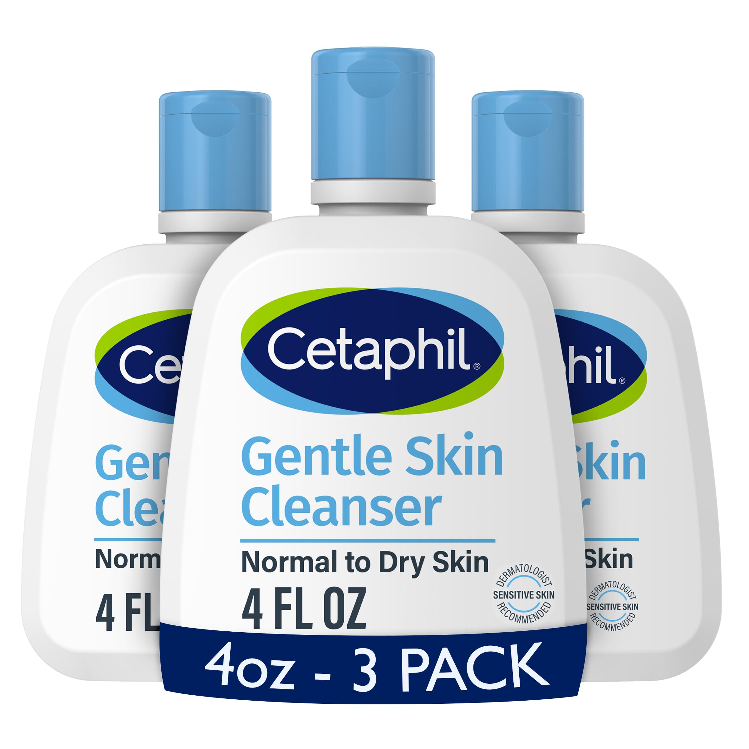 Cetaphil Gentle Cleanser hydrating face wash for sensitive skin, 4 fl oz bottles, three-pack showing the product bottles and label.