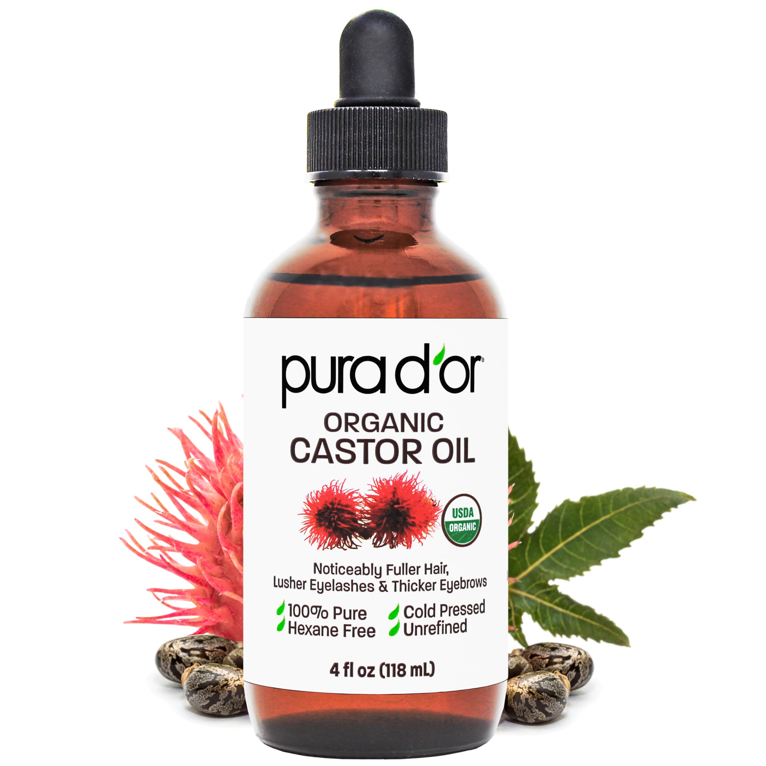 PURA D'OR ORGANIC Castor Oil Pure Cold-Pressed for Hair & Skin, 4oz