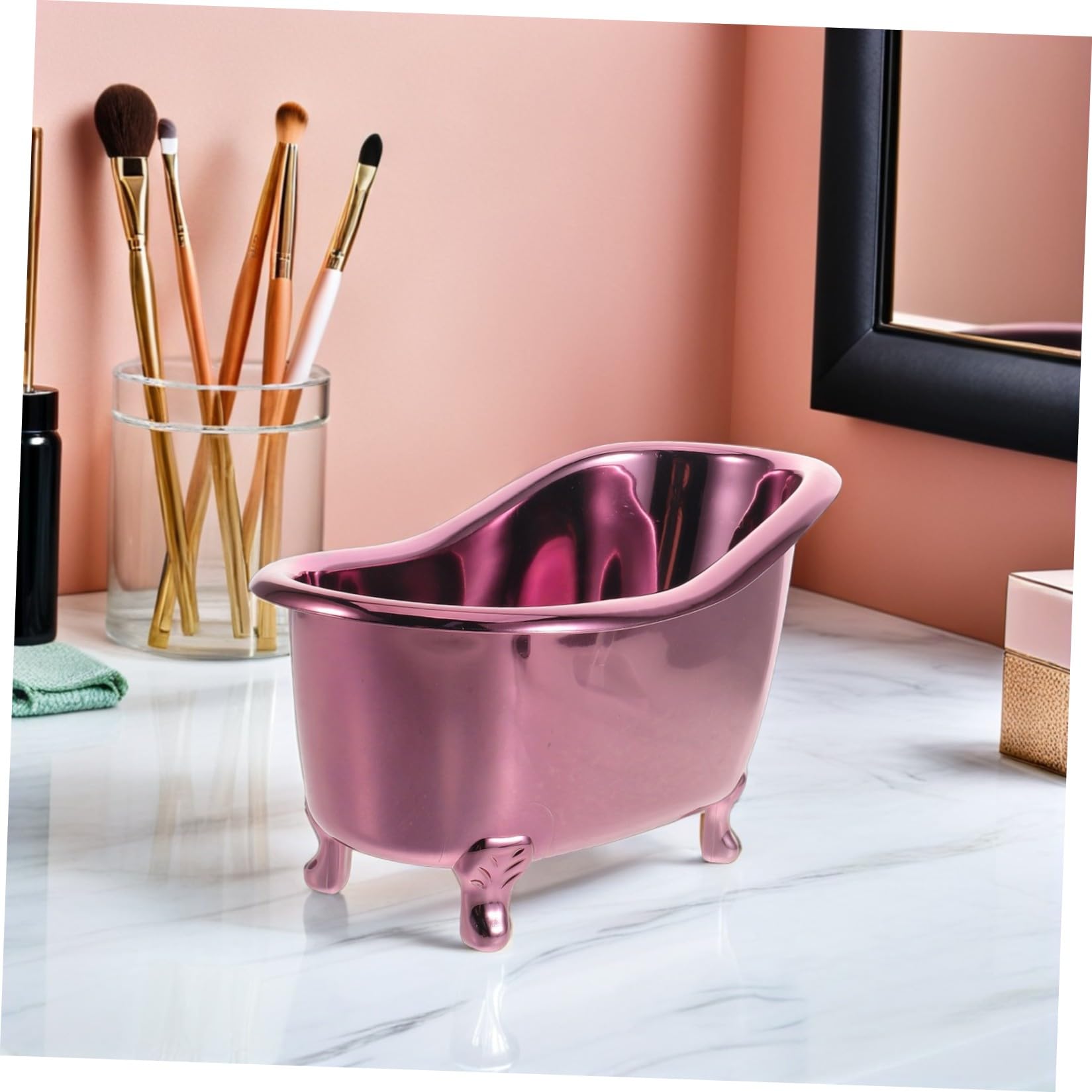 ULTECHNOVO mini metal purple bathtub-shaped caddy for cosmetics, skincare, and nail polish storage on bathroom counters.