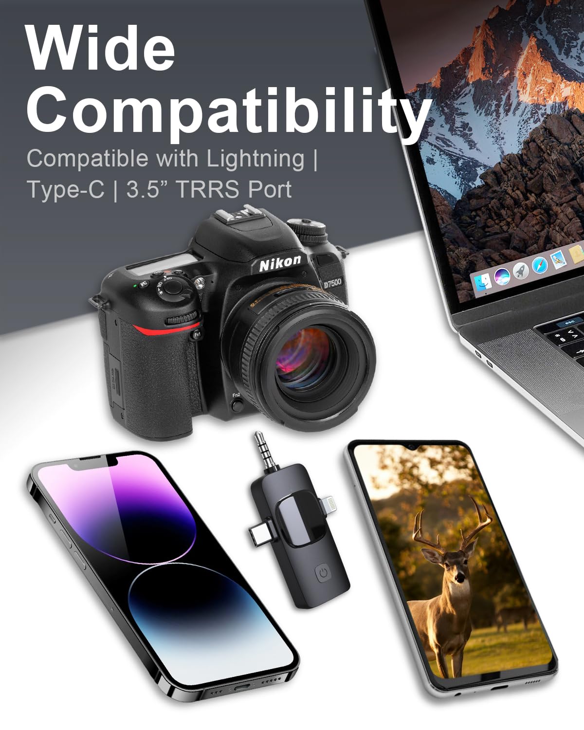 SmaFun Mini Microphone for iPhone/Android/Camera 3 in 1 Wireless Lavalier Mic with Noise Cancellation Plug&Play Clip-On,