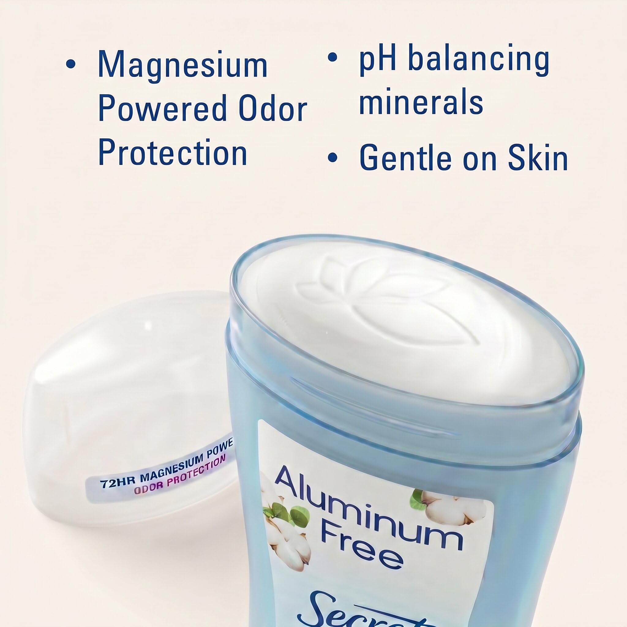 Secret aluminum-free cotton scent women’s deodorant in a 2.4 oz stick, natural body deodorant for fresh, odor-free confidence.