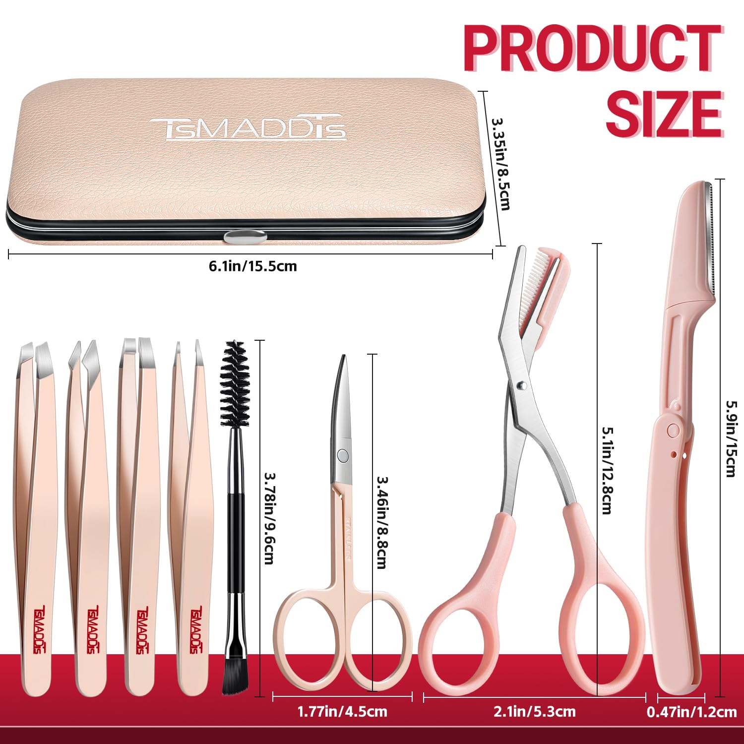TsMADDTs facial hair tweezers, 8-piece eyebrow kit with case for women, includes precision tweezers and grooming tools.