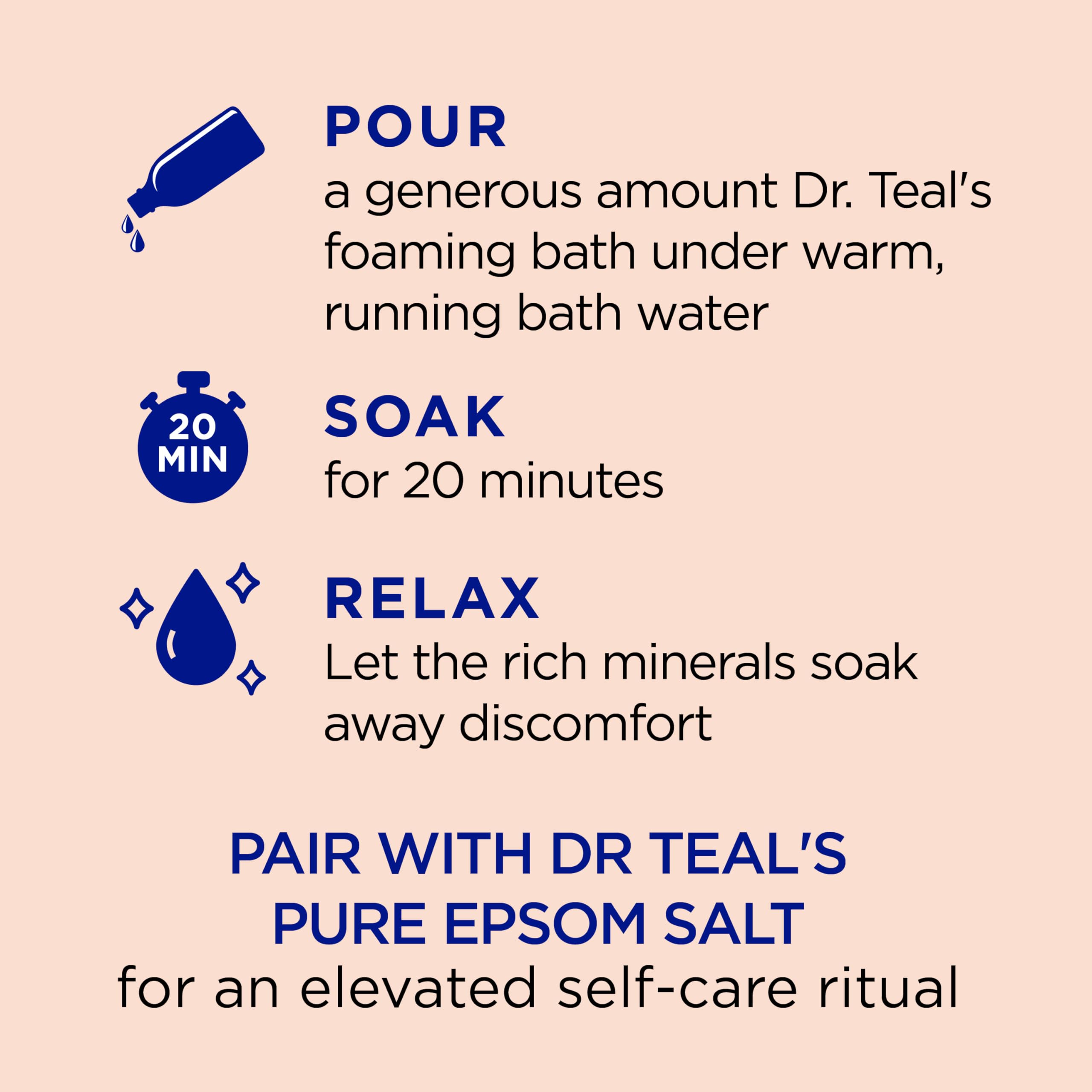 Dr Teal's foaming bath additive with Epsom salt, ginseng, and ginger in a 34 fl oz bottle, designed for stress relief.