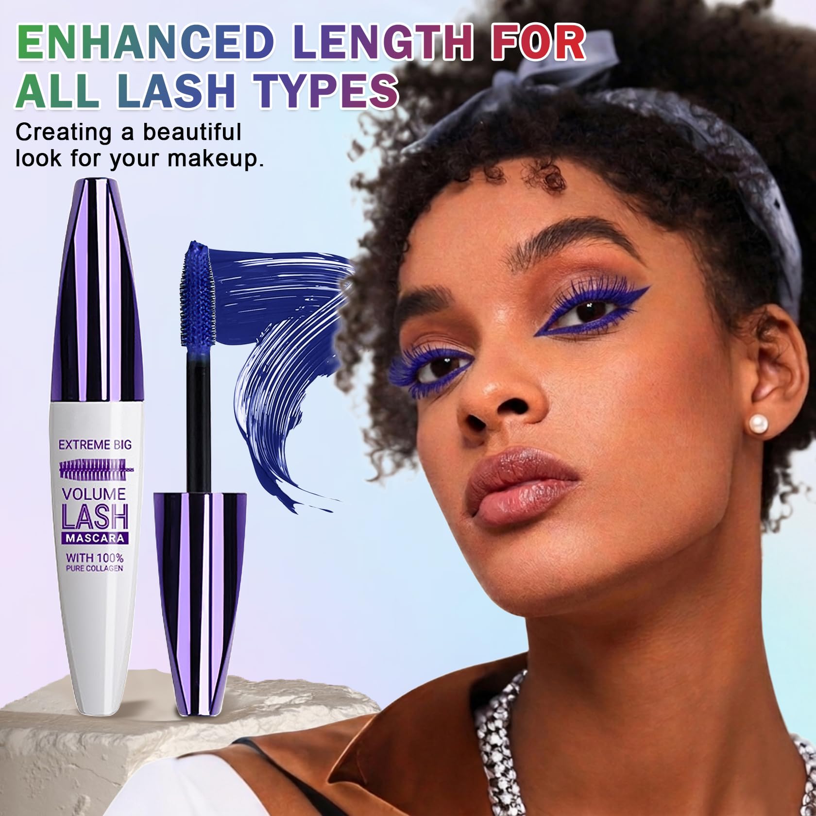 Blue waterproof mascara by Rosawee with 5D volume and length, shown in a close-up image highlighting the brush and bristles.