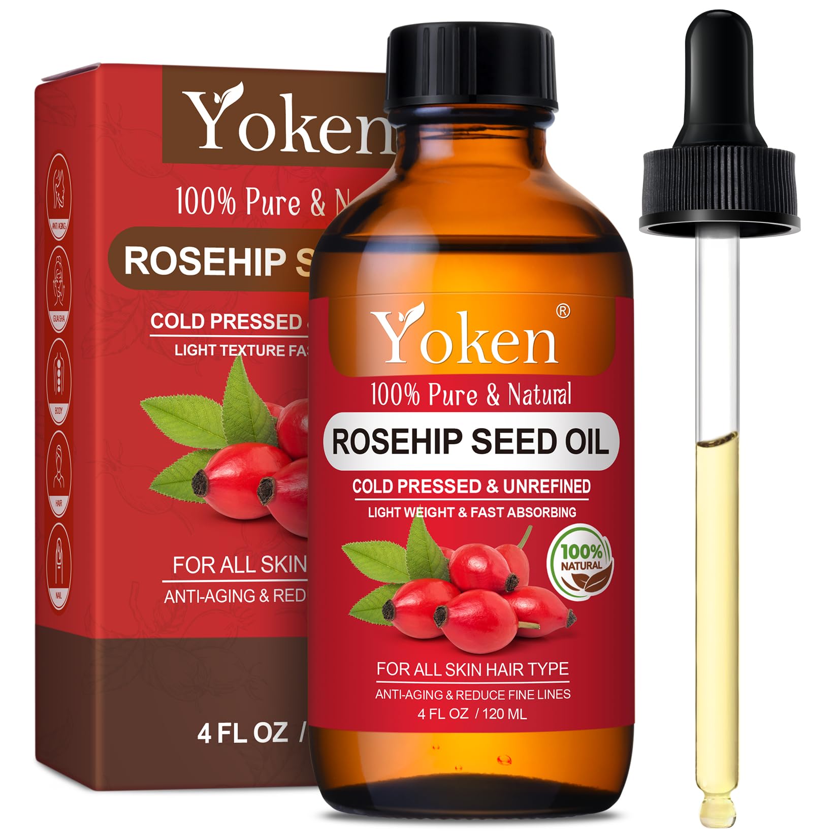 Yoken Cold Pressed Organic Rosehip Seed Oil for Face, Hair & Body, 4 fl oz