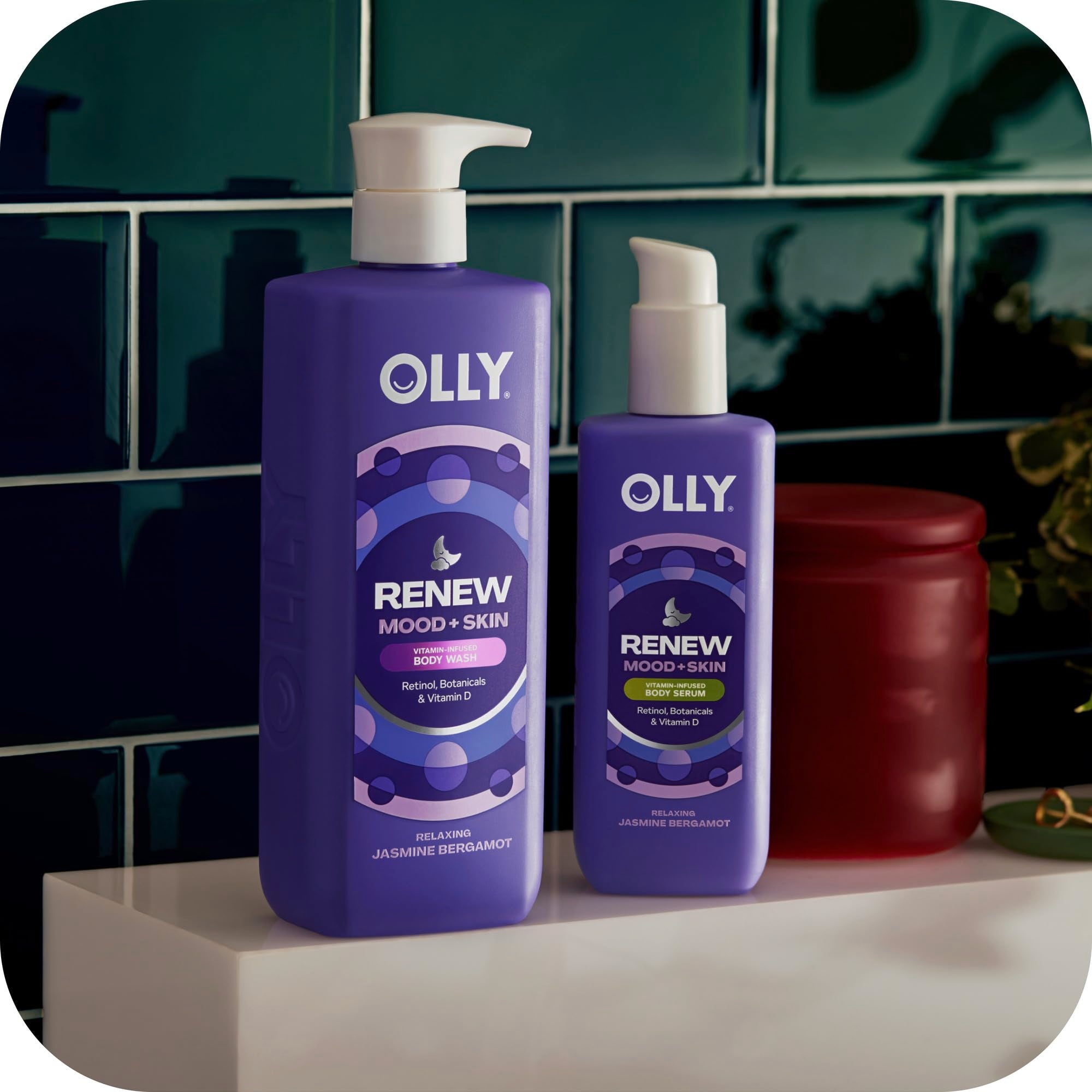 OLLY Renew body wash with vitamin D, retinol, and botanicals in a 17oz bottle, designed for skin cleansing and hydration.