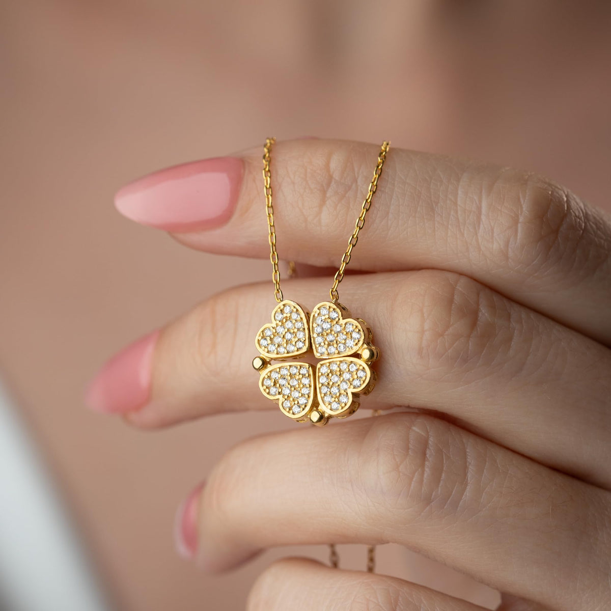 two arts jewelry Two Arts 925 Sterling Silver Necklace Four-Heart Clover Cluster Zircon – full view, size 45 cm + 5 cm e