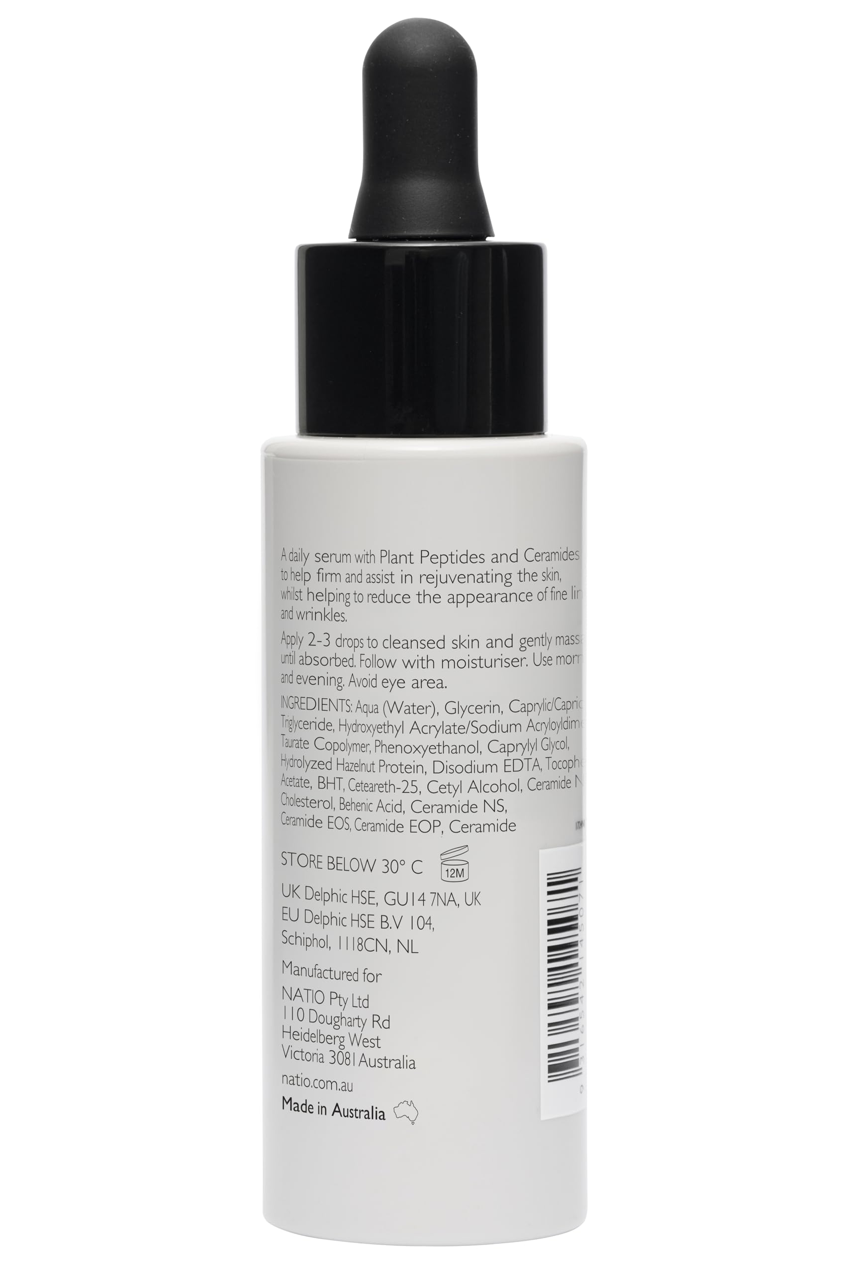 Natio Plant Peptide Line & Wrinkle Serum in 1 oz bottle, featuring a clear serum with plant-based ingredients in a sleek container.