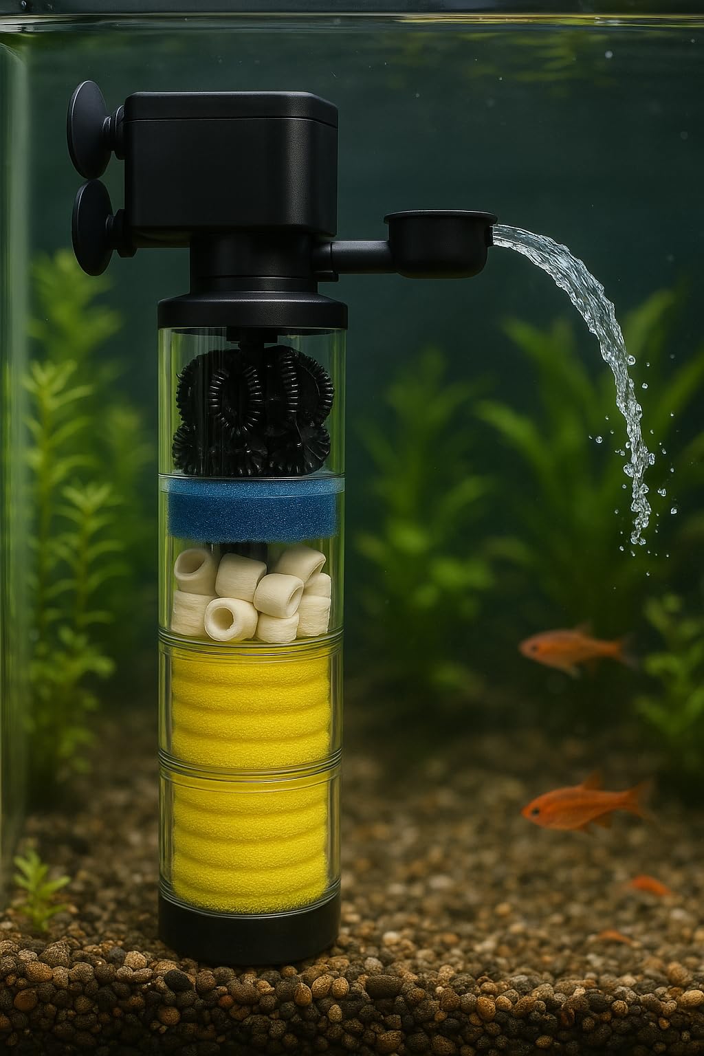 Aquinos Fish Kingdom 320 GPH Submersible Aquarium Filter for 10-160 Gallon Tanks, Media Included – close-up detail in Cl
