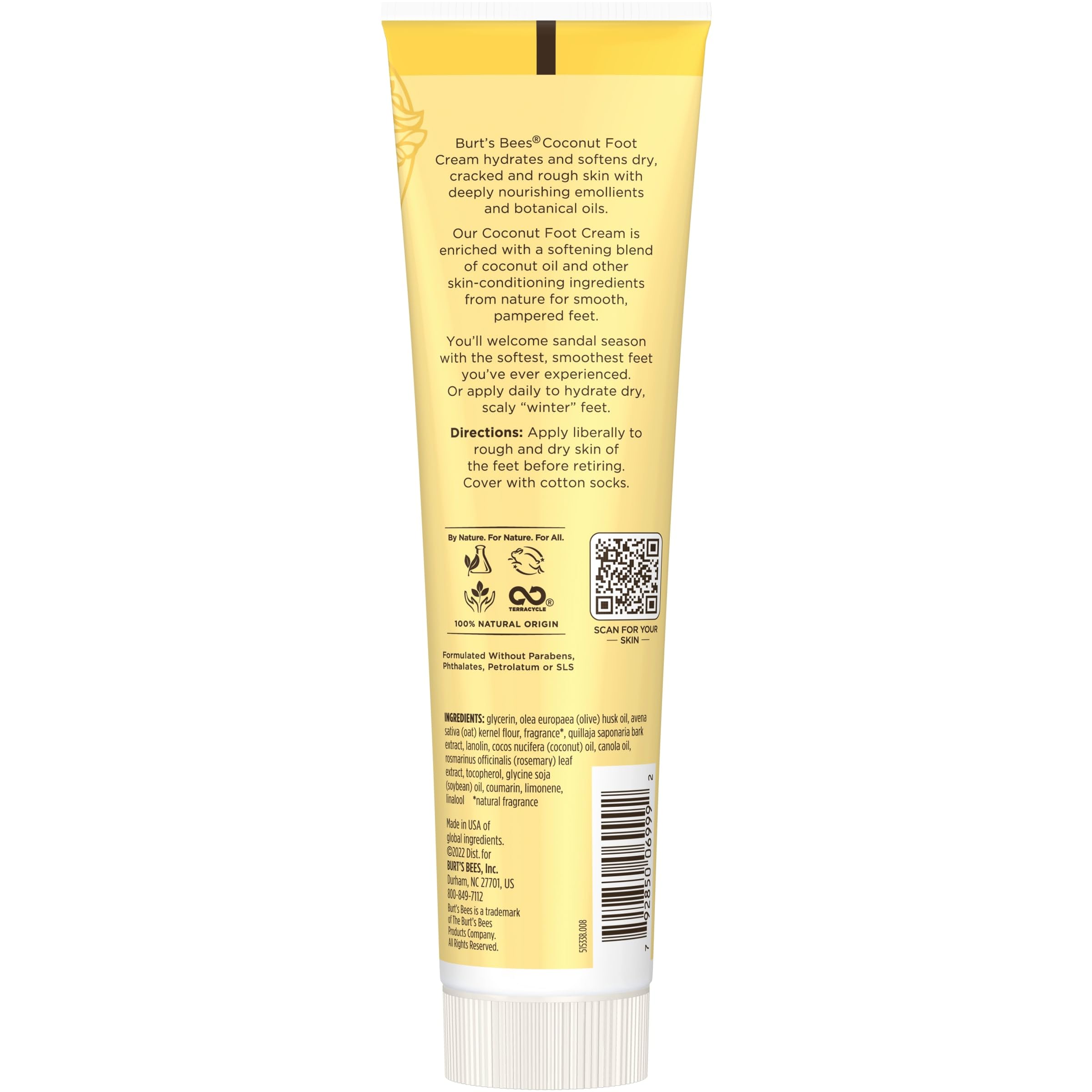 Burt's Bees Softening Foot Cream with coconut oil and soap bark in a 4.3 oz tube, displayed in a pack of three.