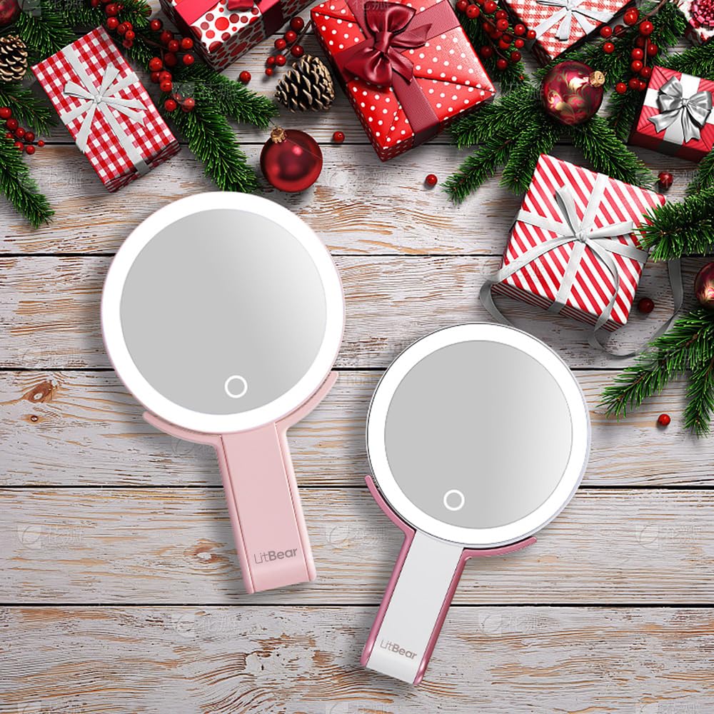 LitBear Travel Makeup Mirror with Lights, Rechargeable Double-Sided 10X/1X Magnifying Mirror, Portable Lighted Beauty Mi