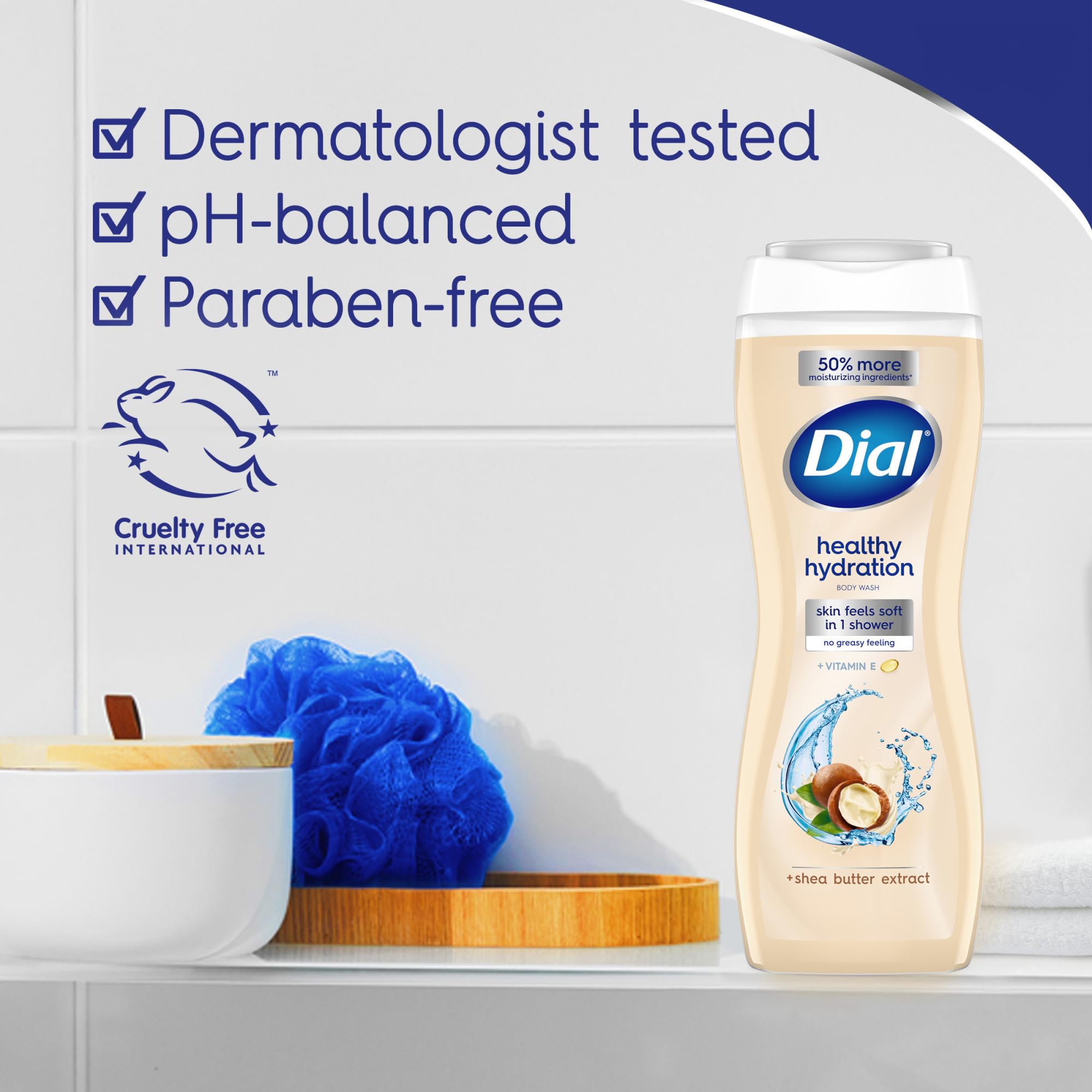 Dial Healthy Hydration Shea Butter Body Wash 4-pack, moisturizing skin cleansing agent with creamy texture and gentle lather.