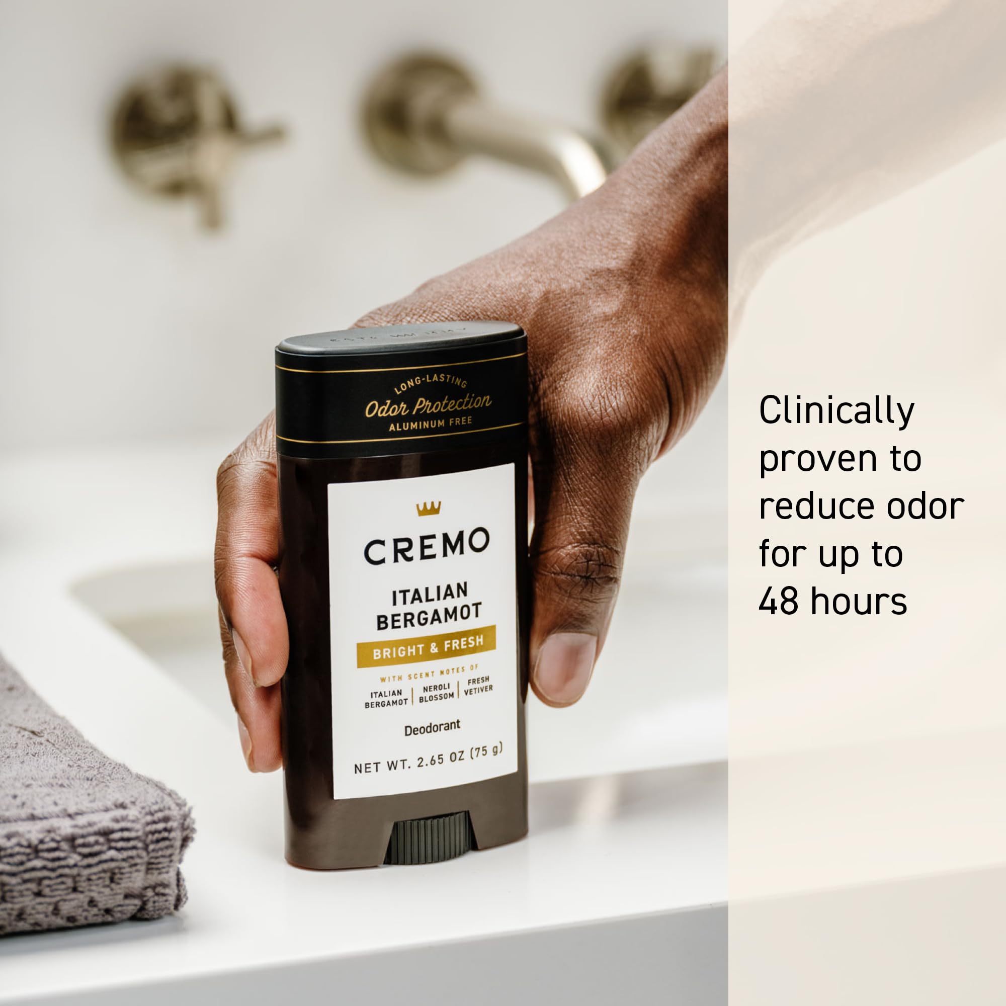 Cremo Italian Bergamot aluminum-free men's deodorant stick, natural body deodorant with fresh bergamot scent.