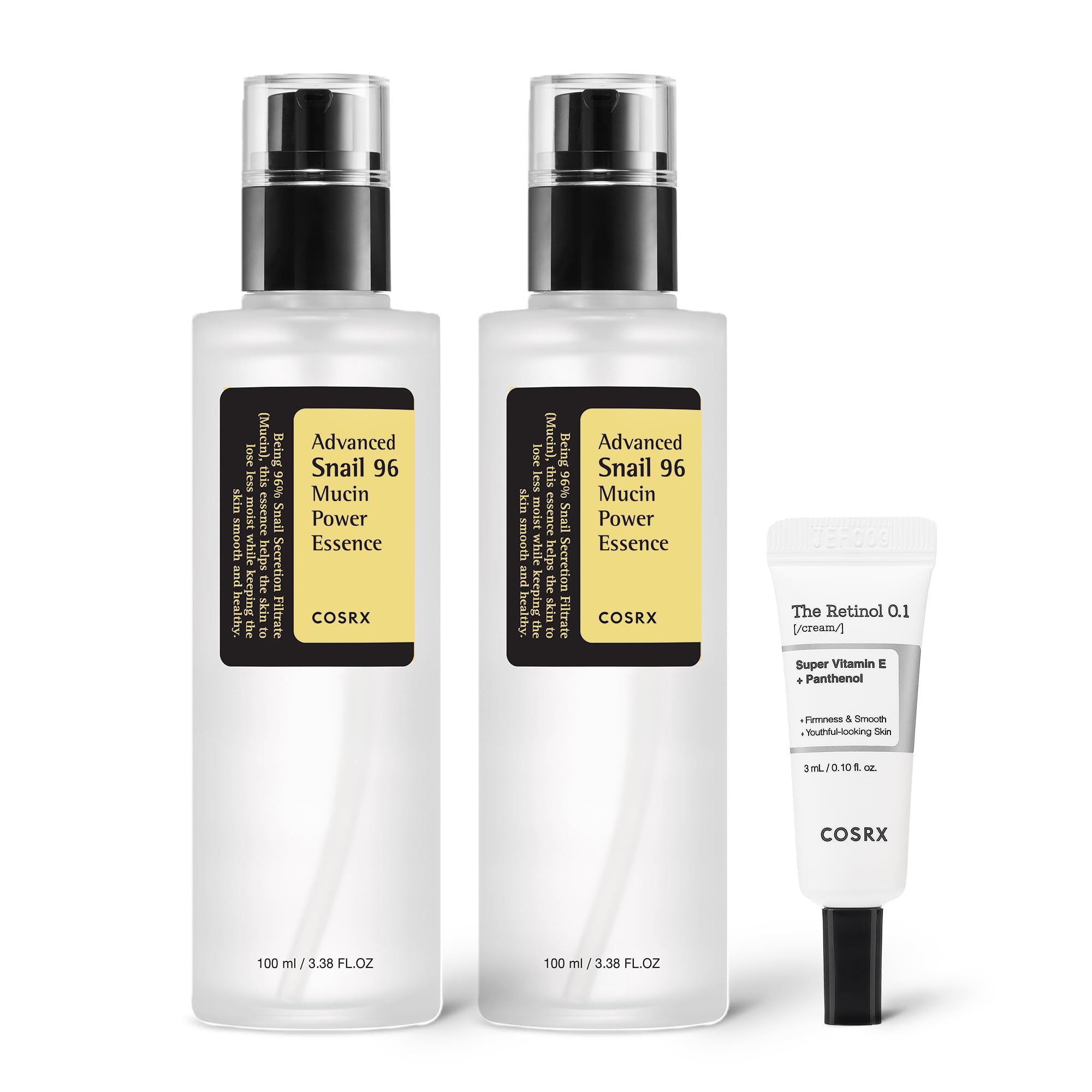 COSRX Snail 96% Mucin Essence and Retinol 0.1% Cream mini samples, skin care products with nourishing and anti-aging benefits.