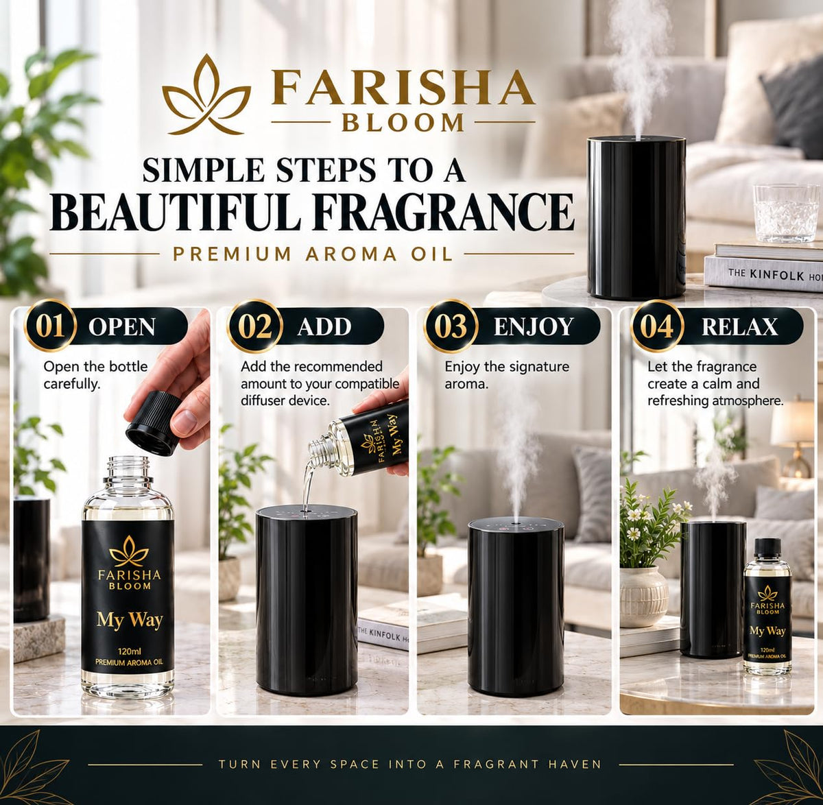 Farisha Bloom My Way Luxury Scent Diffuser Oil, 120 mL Premium Fragrance Oil with Sandalwood, Cedarwood, Amber & Leather
