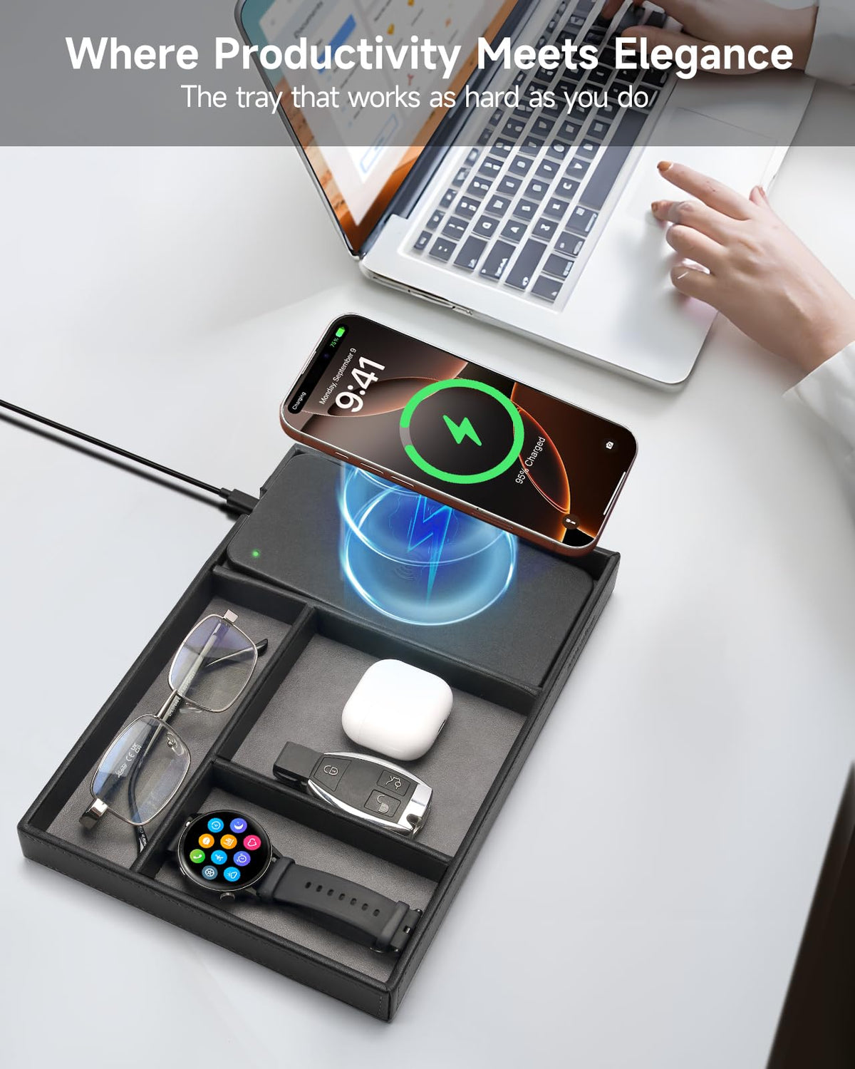wireless future charger Valet Tray, Built in Wireless Charging Pad, Nightstand Organizer – product photo (Jewelry Trays)