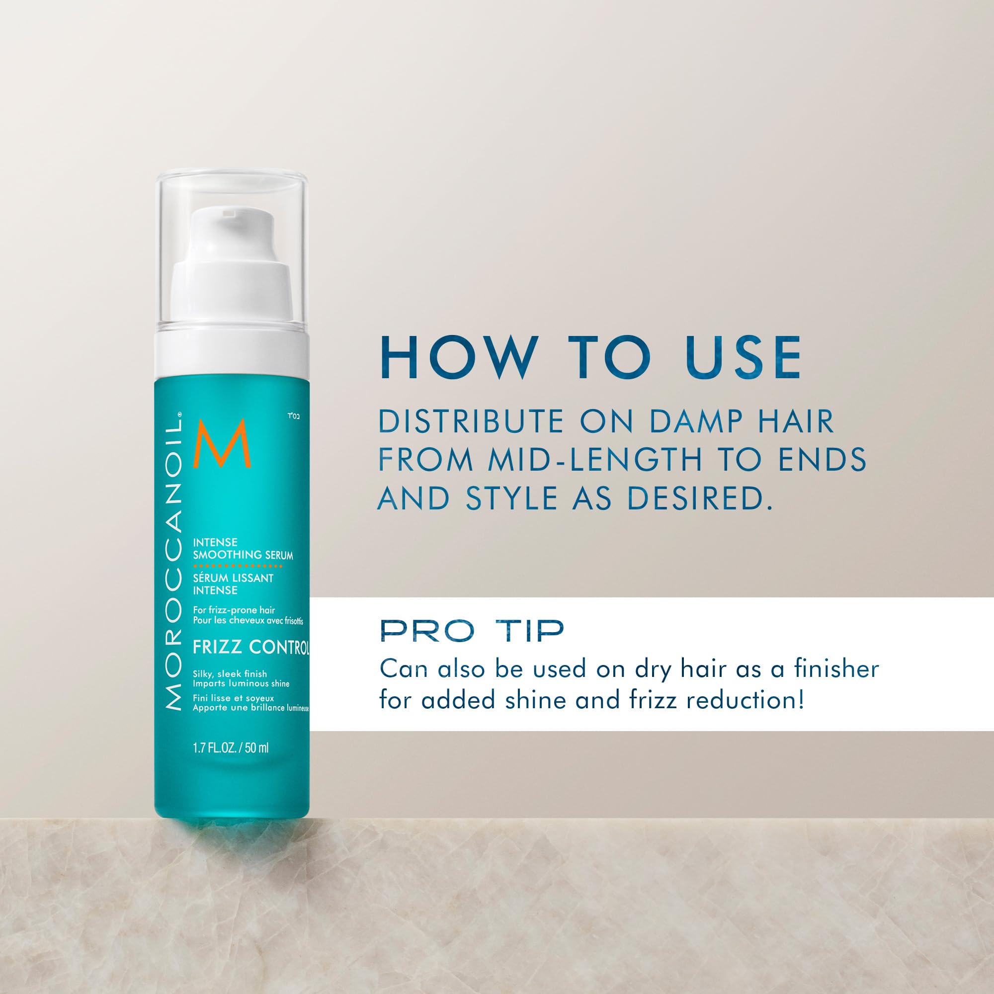 Moroccanoil Intense Smoothing Frizz Control Serum for hair, 1.7 fl oz, with sleek, shiny hairstyle and smooth hair texture.