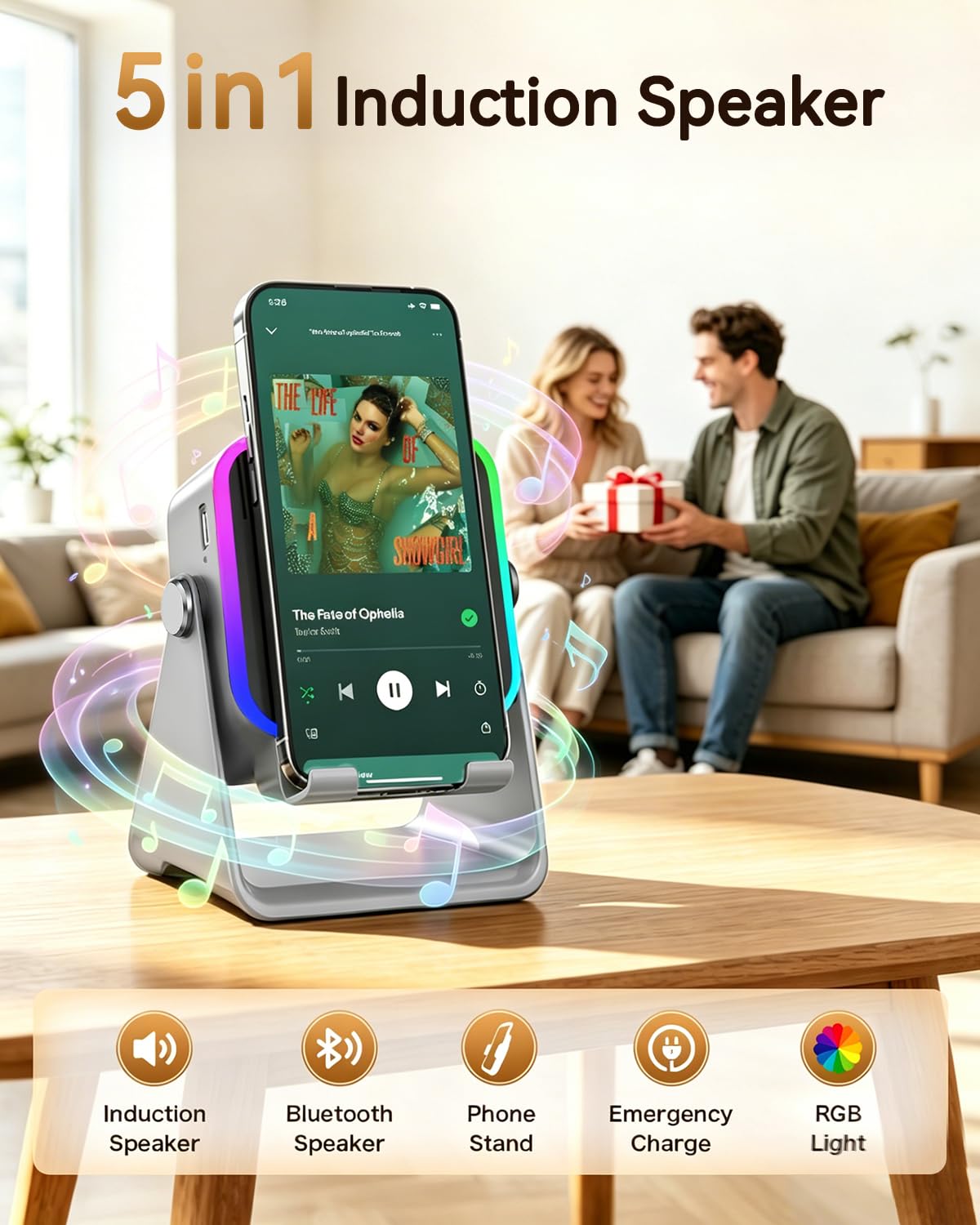 MILOUZ Gifts for Men Tech Gadgets Wireless Induction Speaker with Phone Stand – full view