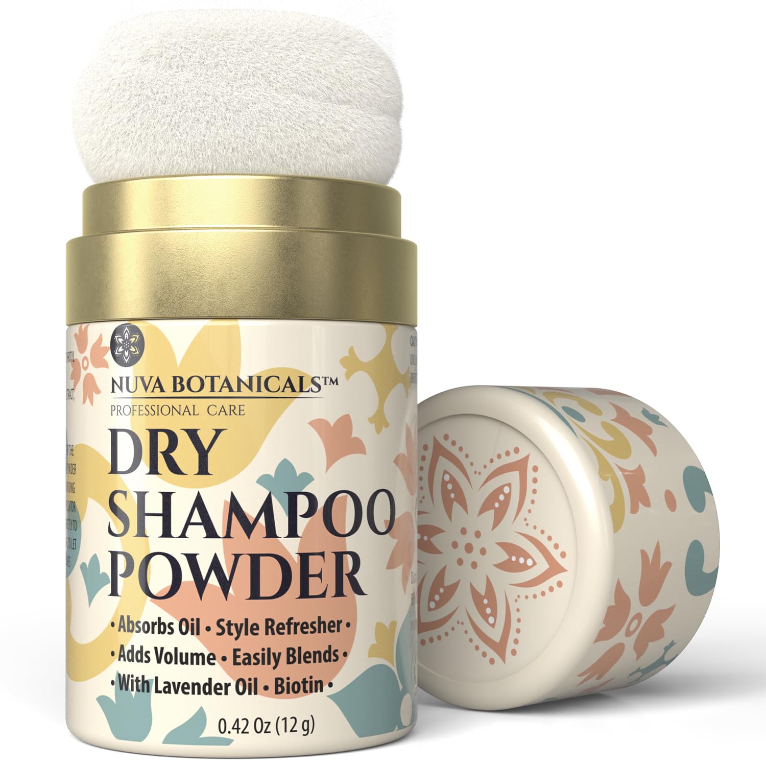 Nuva Botanicals lavender dry shampoo powder in 0.42 oz travel size, natural non-aerosol hair refresh for clean, fresh hair.
