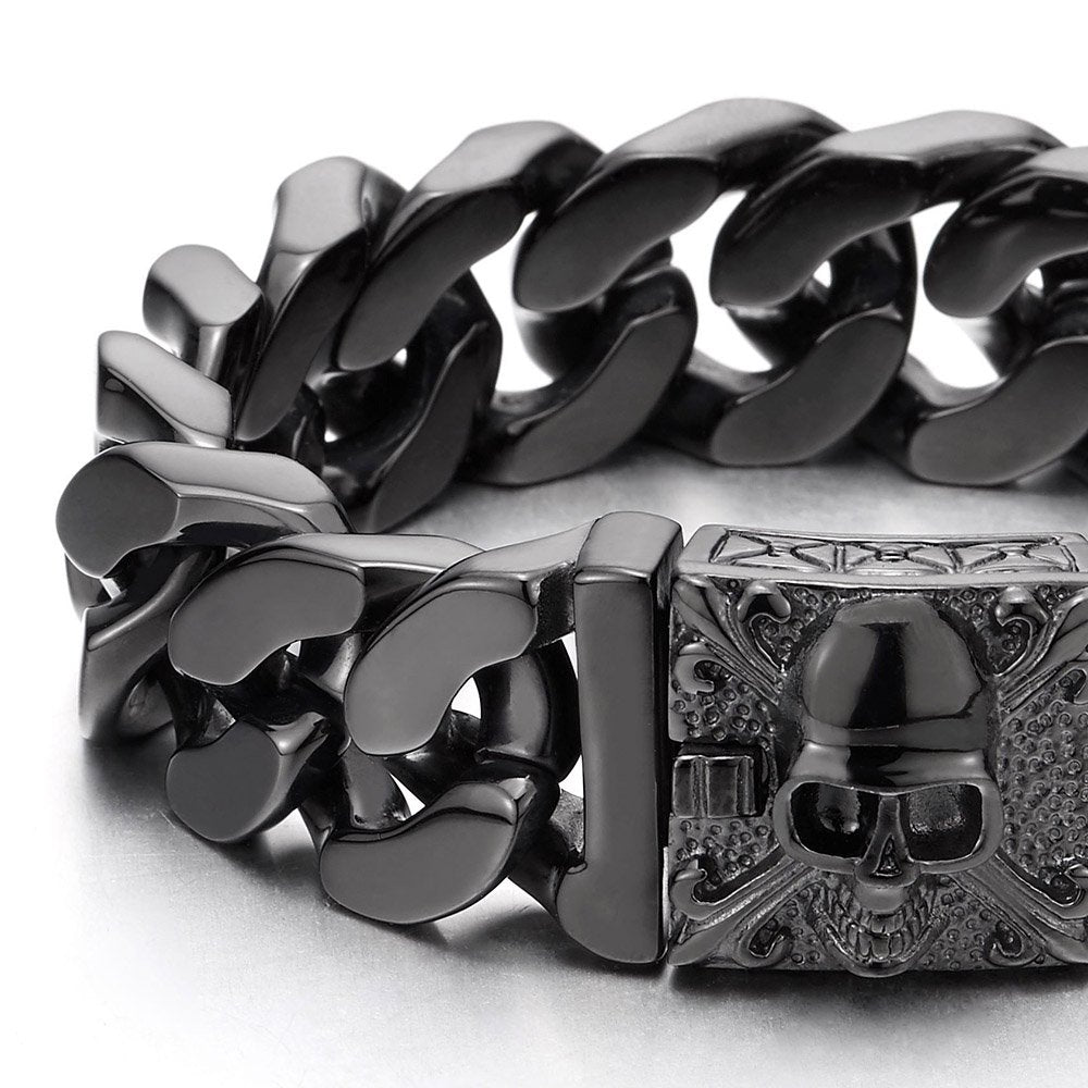 COOLSTEELANDBEYOND Mens Large Vintage Brushed Finishing Steel Curb Chain Bracelet with Fleur De Lis and Skull – packagin