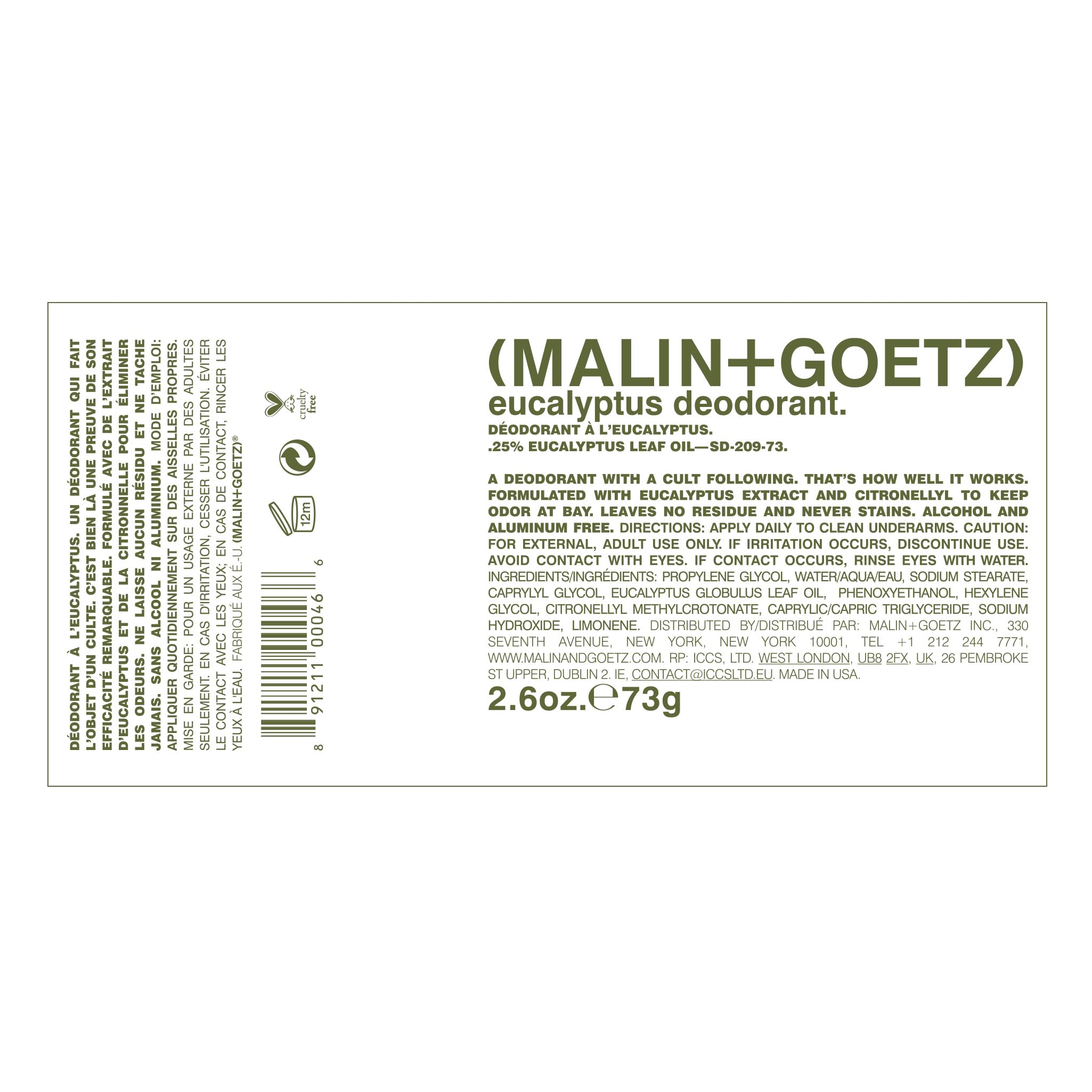 MALIN+GOETZ Eucalyptus deodorant in a 2.6 oz stick, featuring a sleek design and fresh eucalyptus scent for everyday body odor control.