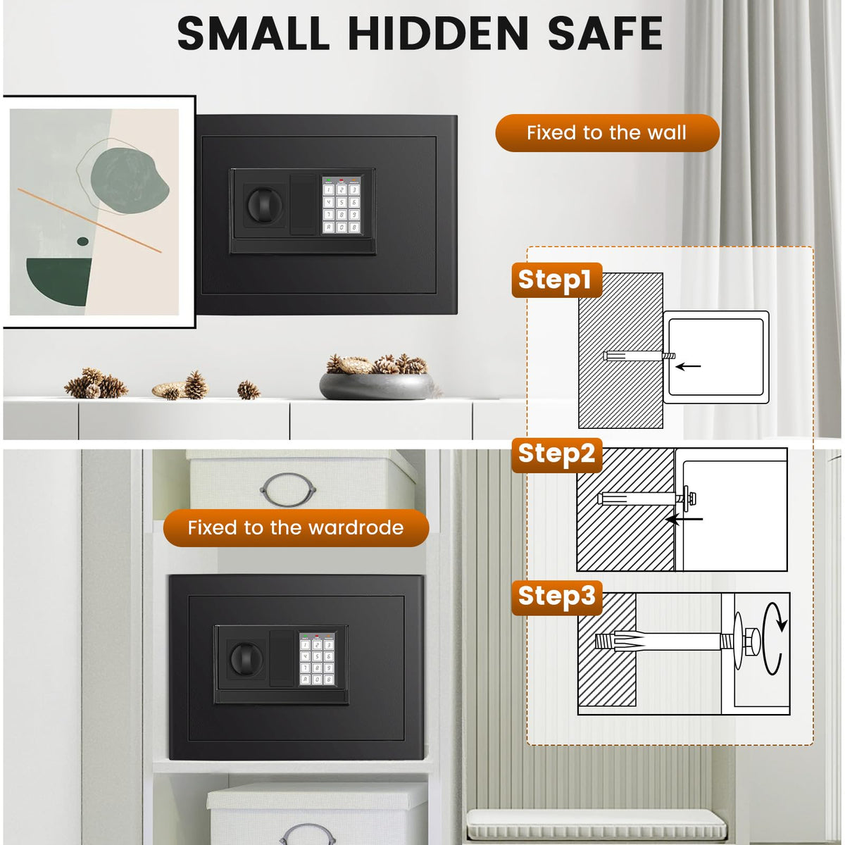 FOWORE 9.84'' H Home Safe Box, Small Safe with Fireproof Waterproof Bag – back view and specifications