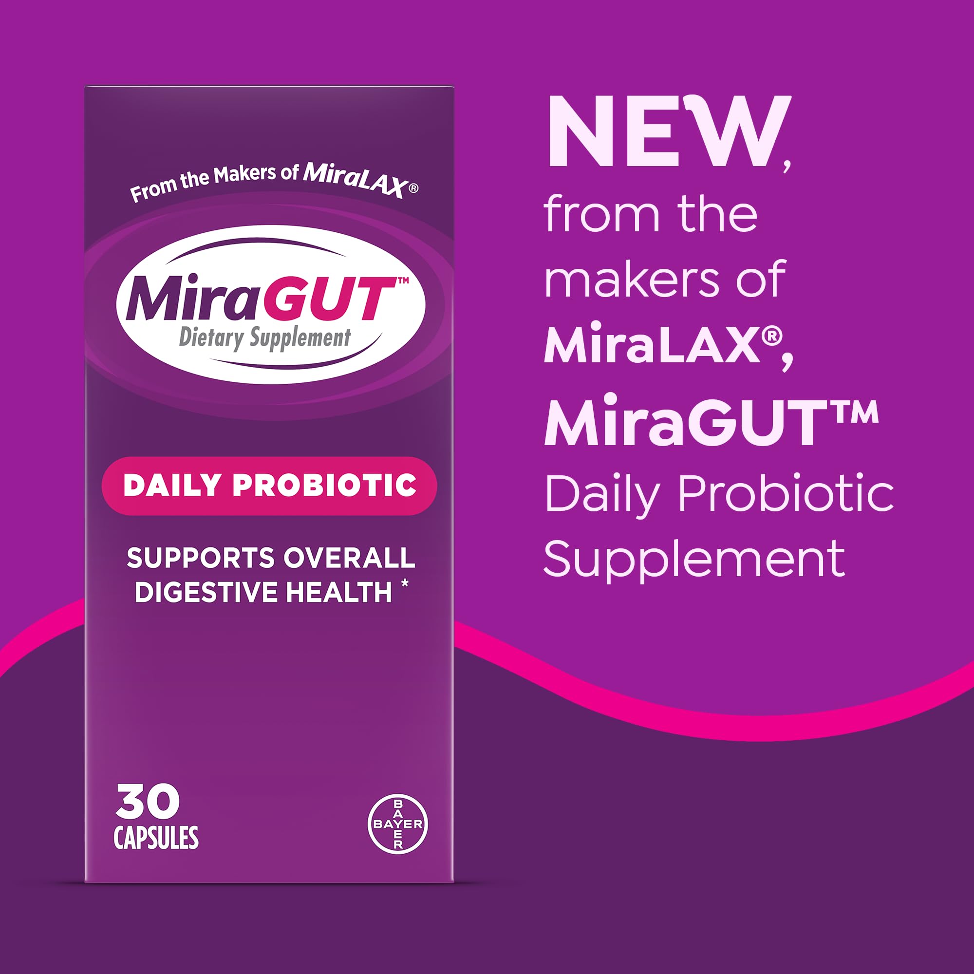 MiraGUT Daily Probiotic, from the Makers of MiraLAX, Probiotics for Digestive Health, Gluten-Free Supplement, Probiotic for Women and Men, Support Overall Digestive Health, 30 Ct