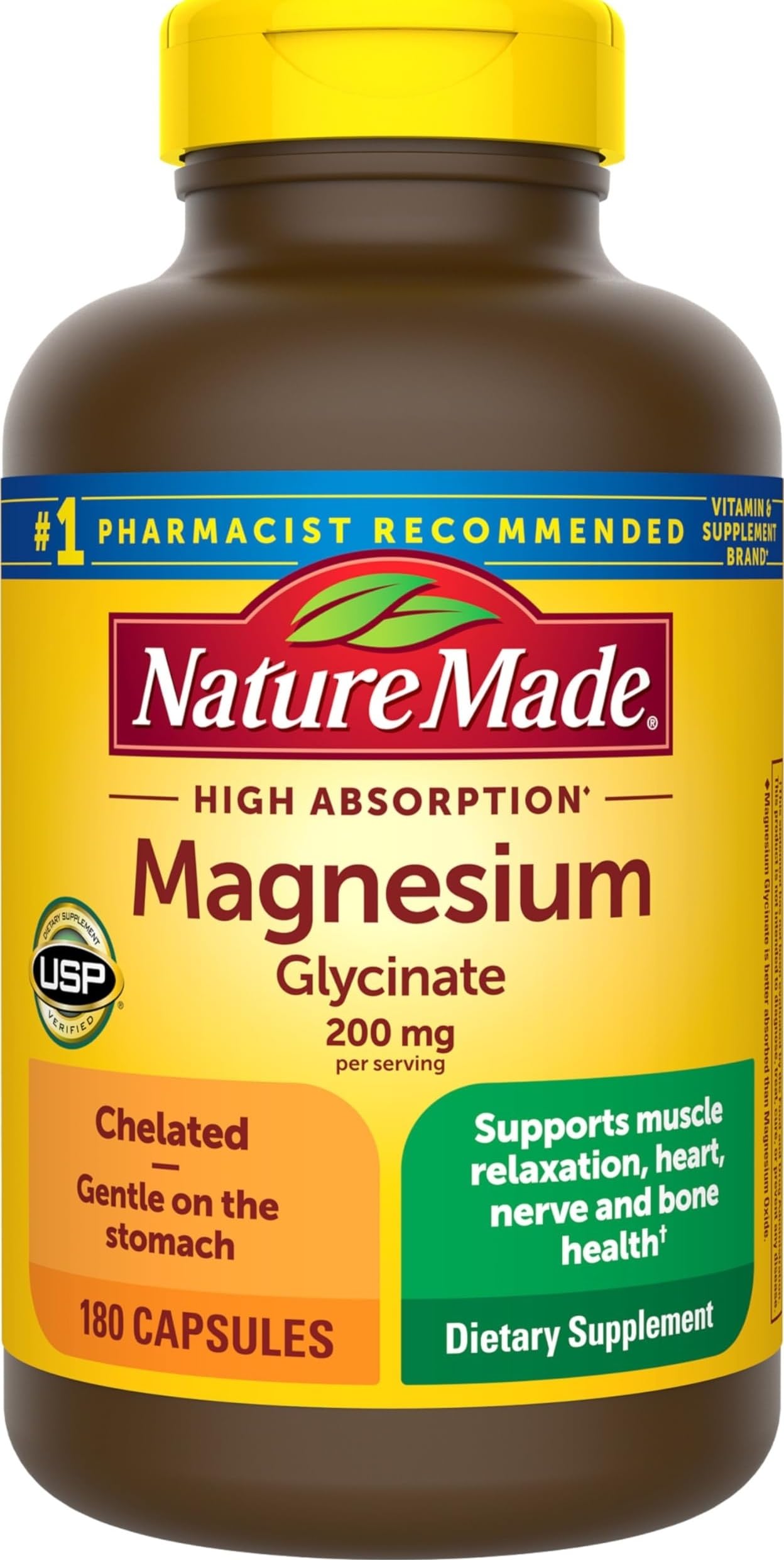 Nature Made Magnesium Glycinate 200 mg per Serving, 180 Capsules - Product Imagery