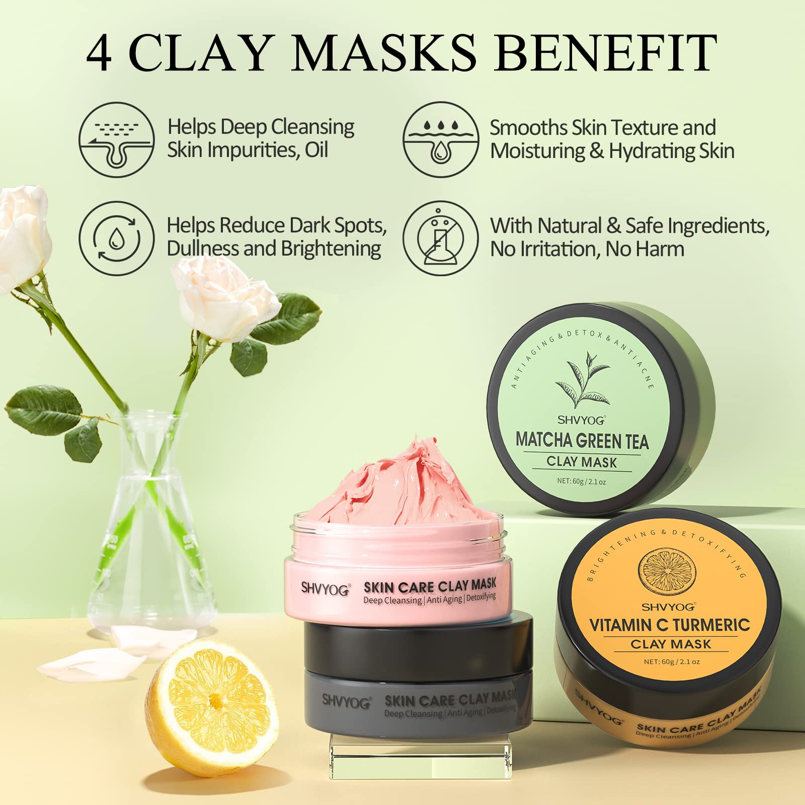 SHVYOG 4-pack face mask set with turmeric, vitamin C, green tea, rose, and Dead Sea mud for deep cleansing and pore refining.