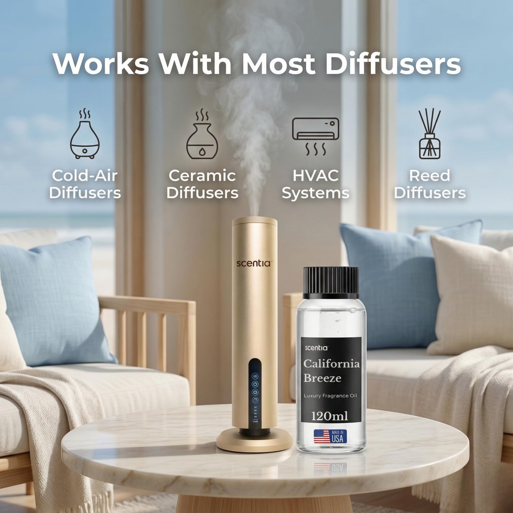 Scentia California Breeze diffuser oil 120ml, an essential oil with fresh, calming scent, in a clear bottle with a white cap.