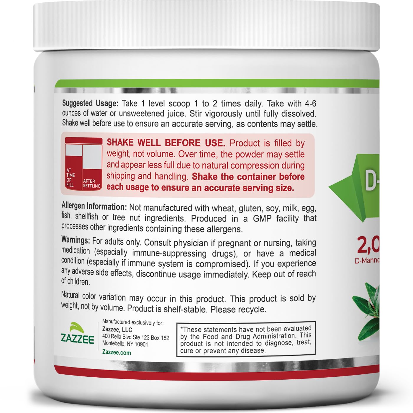 Zazzee D-Mannose Powder Plus, 2000 mg, 67 Servings, Free Scoop, Made in USA